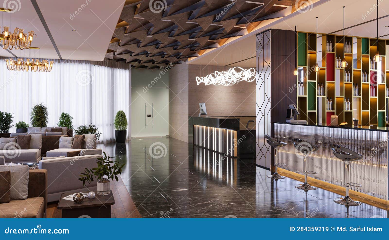 Hotel interior front desk design Minimalist Lobby Design for a Sleek Home  Architecture Look 3D rendering 30815979 Stock Photo at Vecteezy