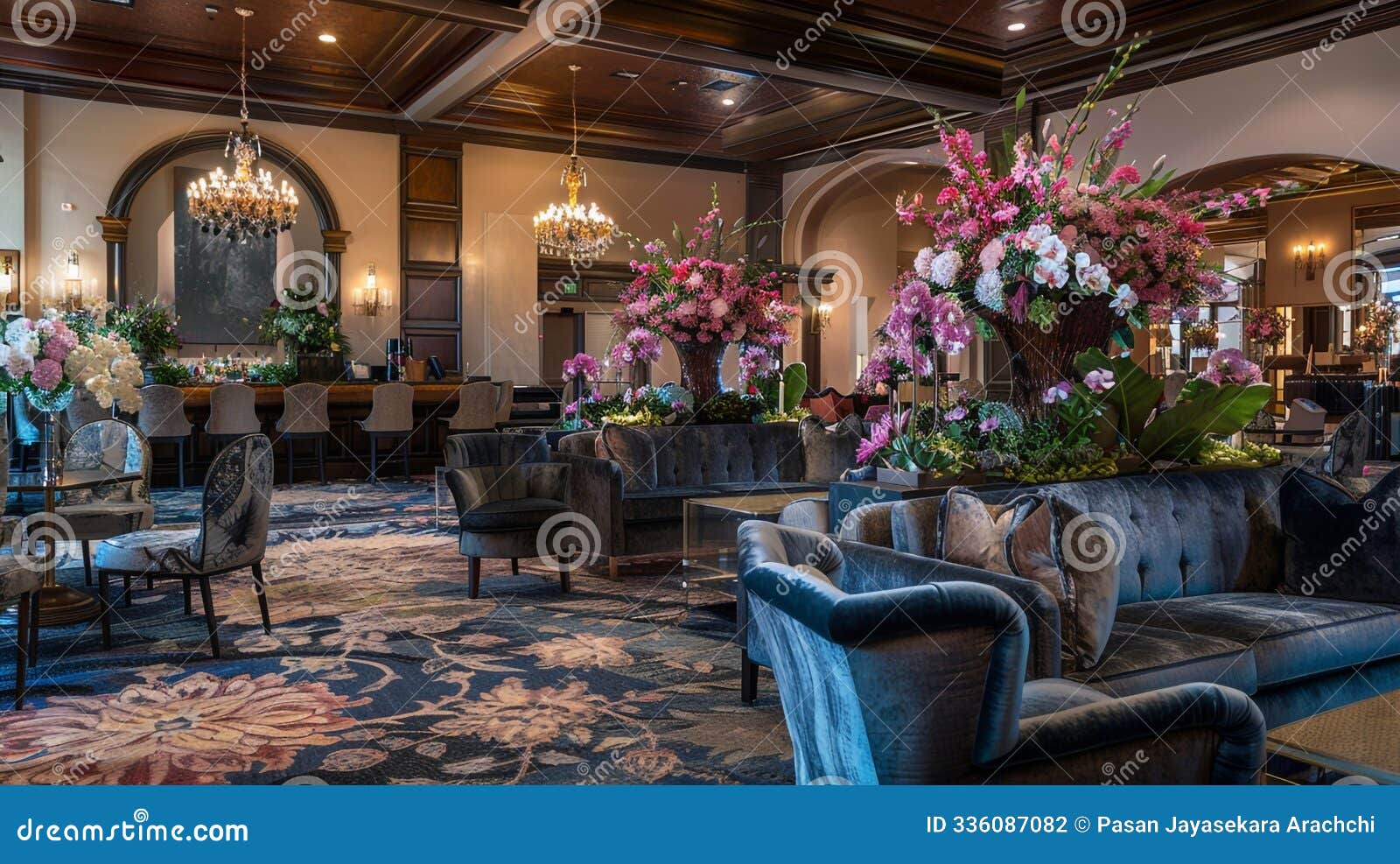 hotel lobby featuring plush seating and fresh flowers