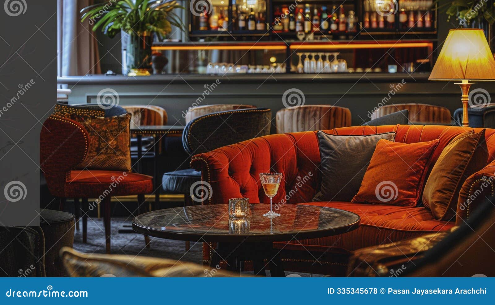 hotel lounge bar featuring plush seating and ambient music