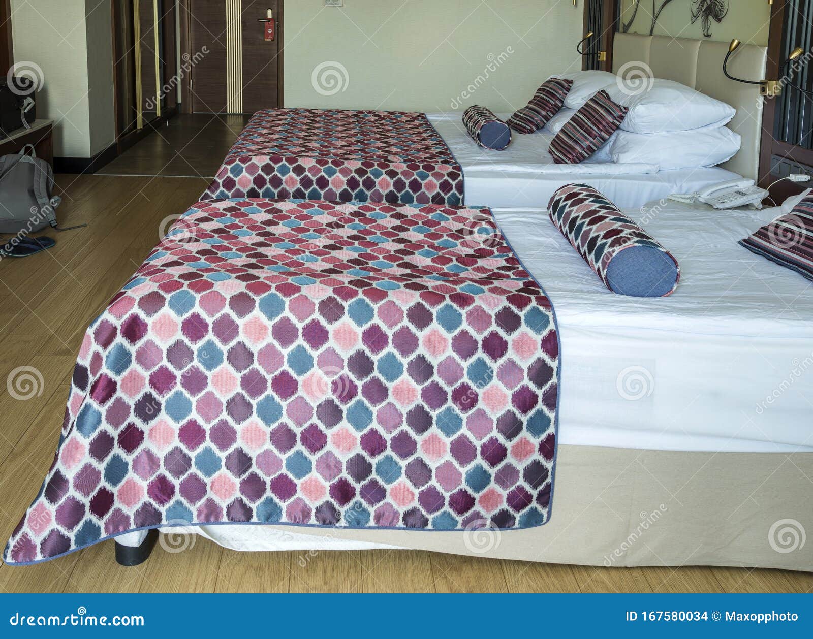 Hotel Room with Made Beds and Blanket Cover Stock Photo Image of
