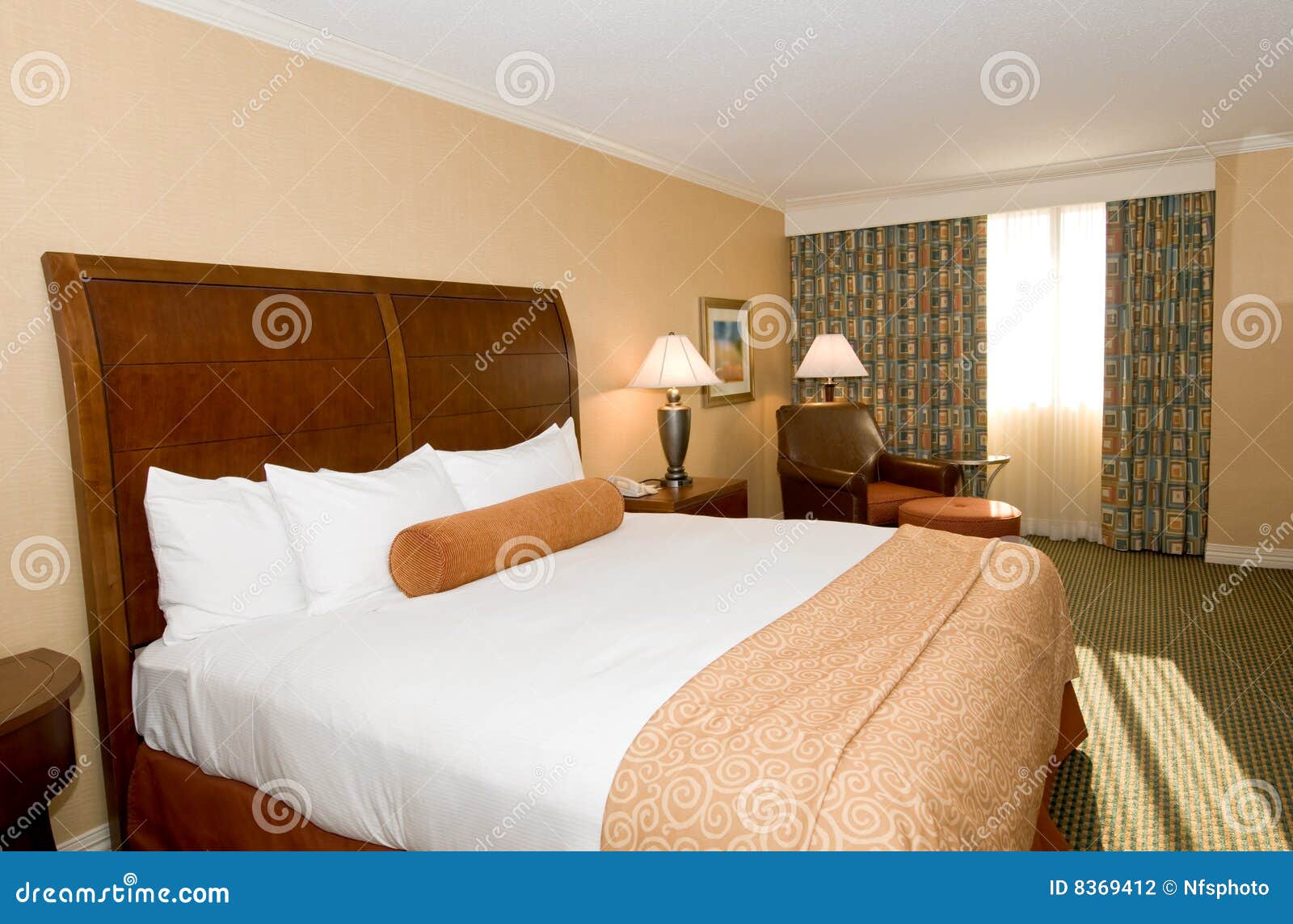 Hotel room with queen bed stock photo. Image of blanket - 8369412