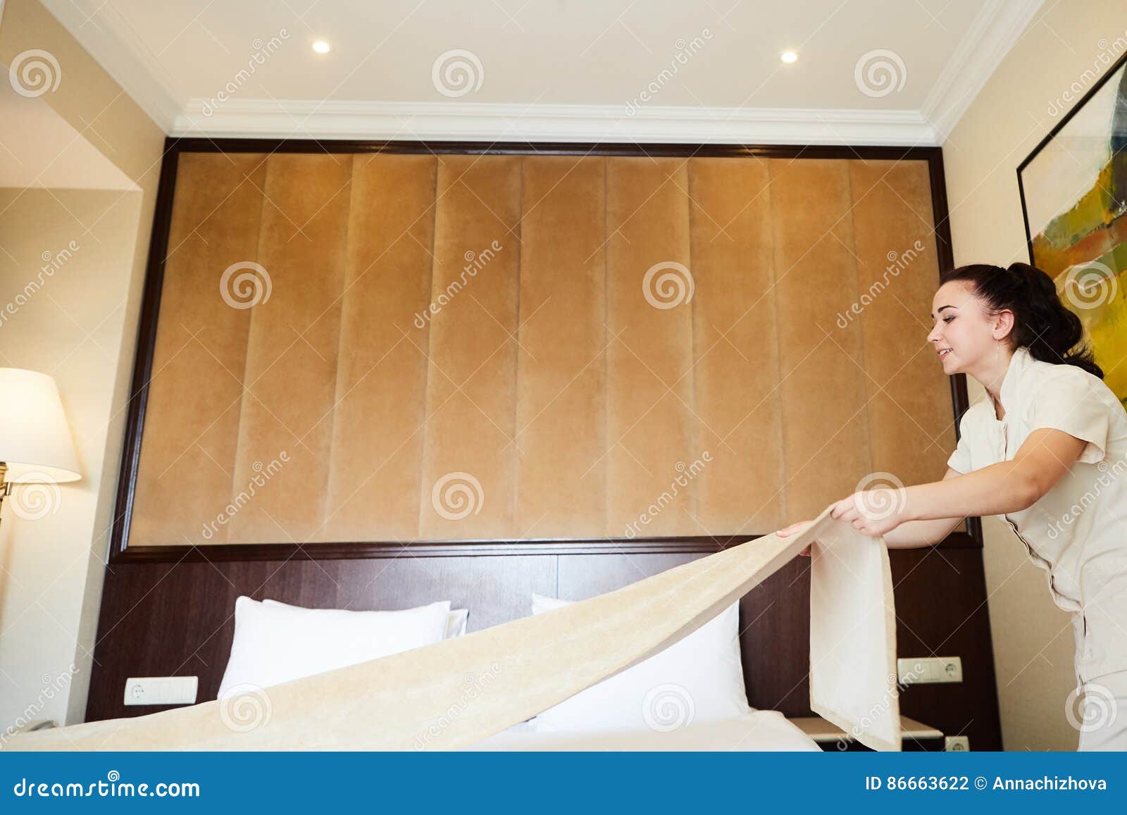 Hotel Service. Made Making Bed in Room. Stock Photo Image of neat, hostel 86663622