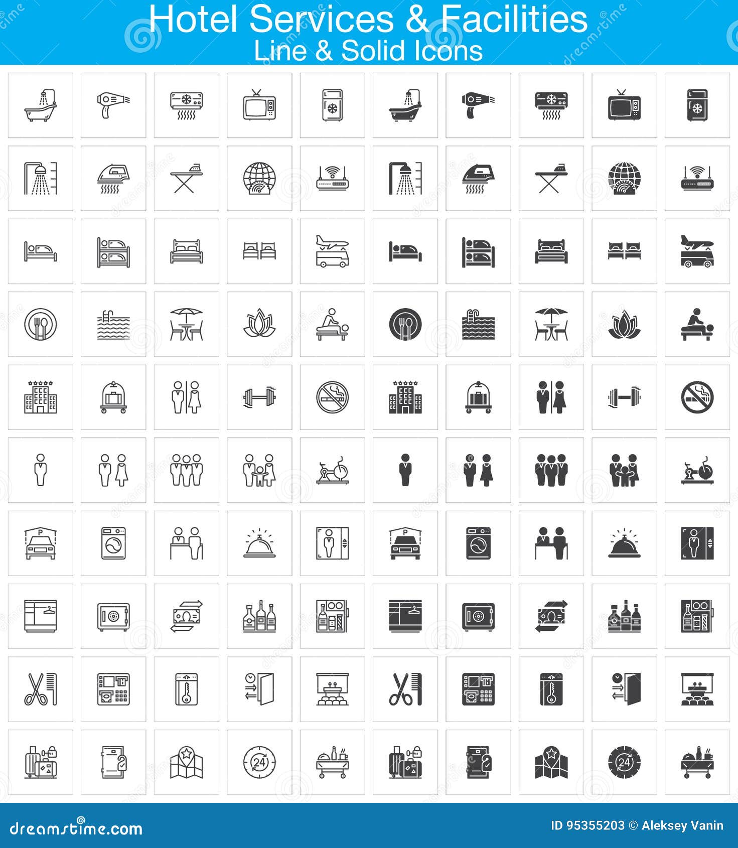 hotel services and facilities line and solid icons set, outline