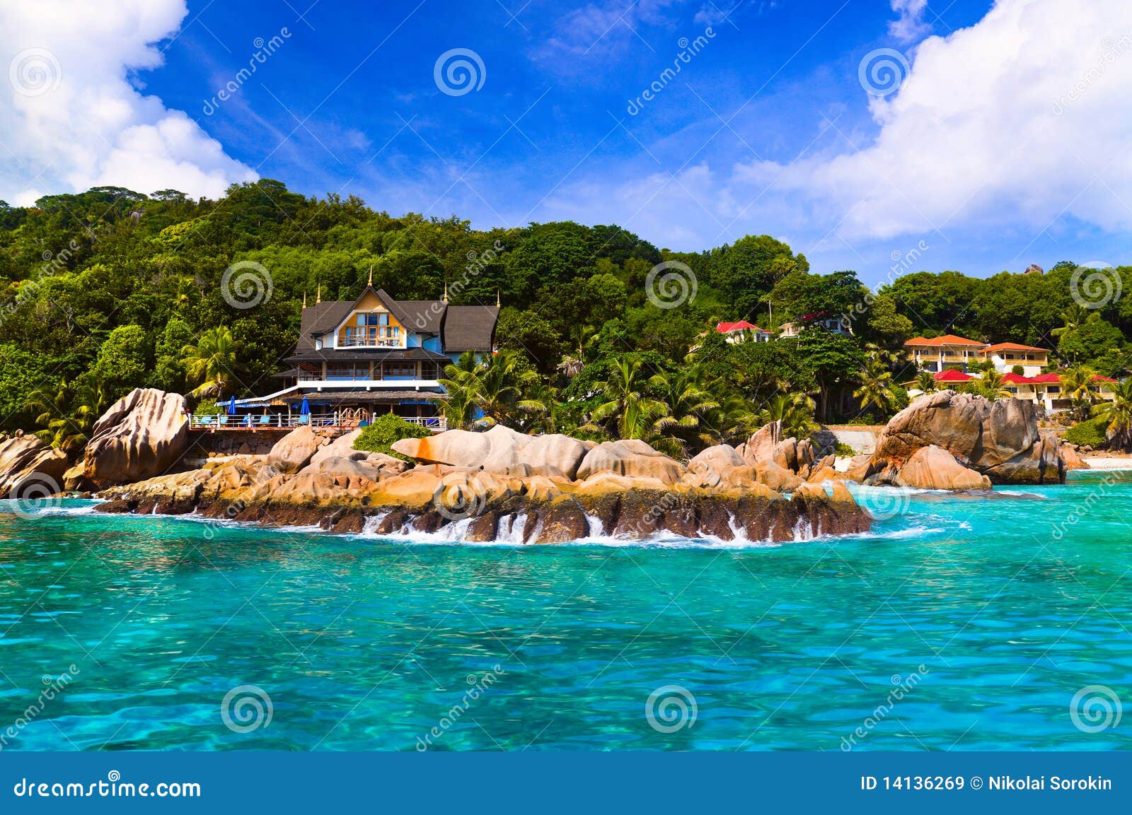 hotel at tropical beach, la digue, seychelles