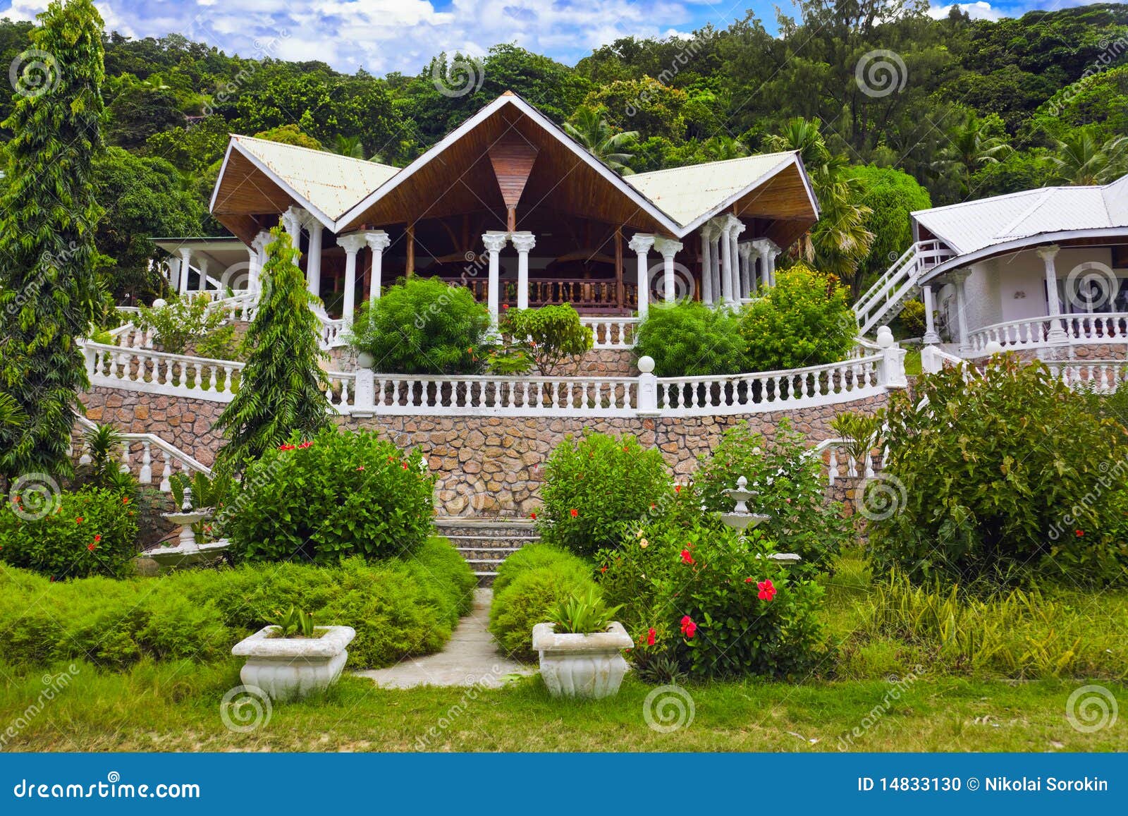 Hotel at Tropical Island, Seychelles Stock Photo - Image of flower ...