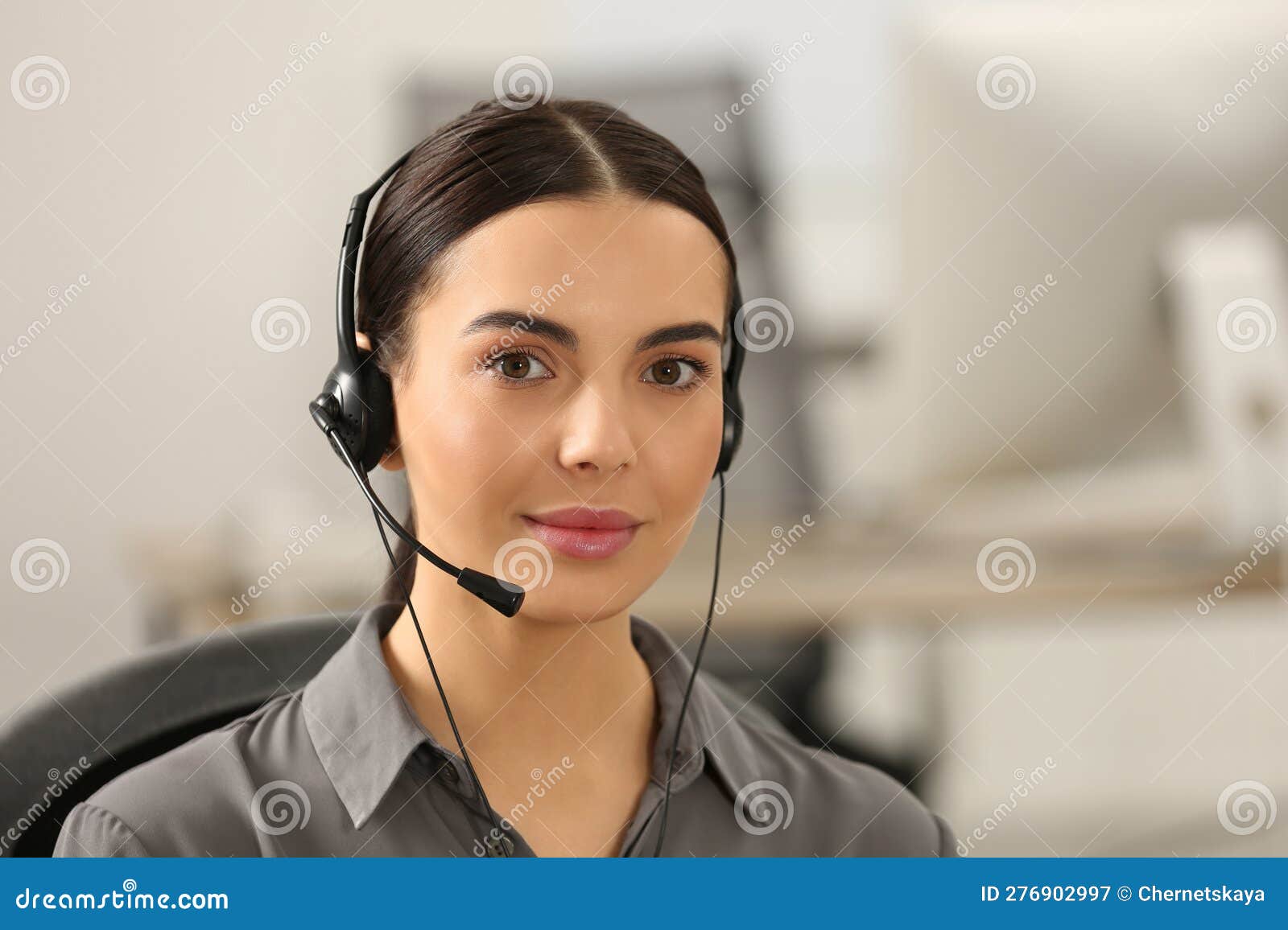 Hotline Operator with Headset Working in Office Stock Image Image of