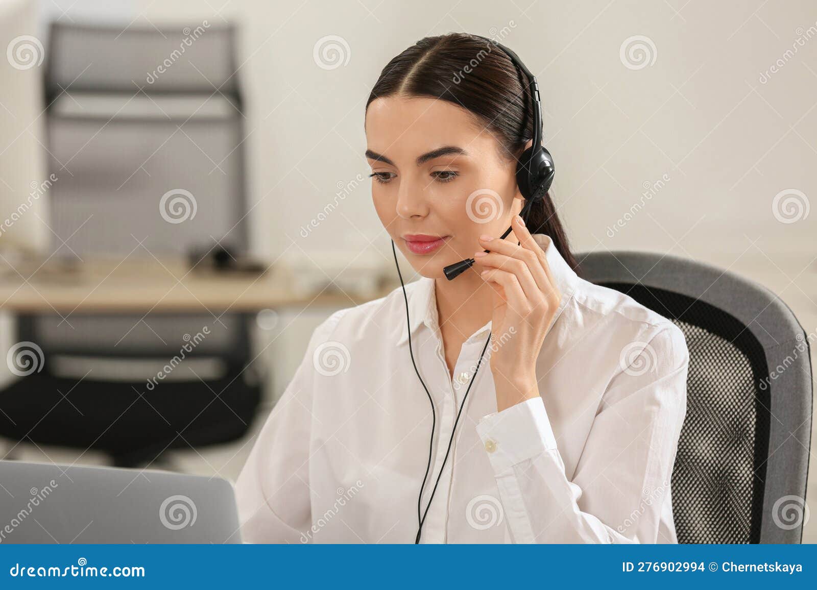 Hotline Operator with Headset Working in Office Stock Photo Image of