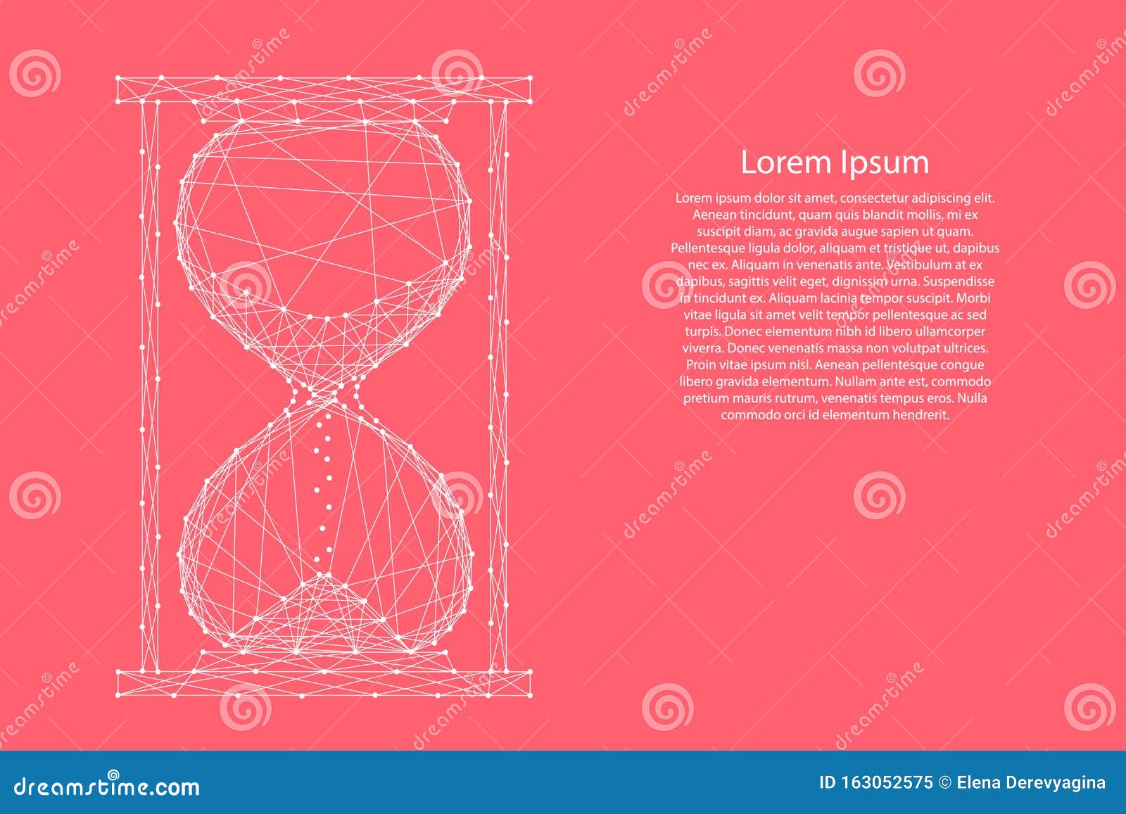hourglass falling sand from abstract futuristic polygonal white lines and dots on pink rose color coral background for banner,