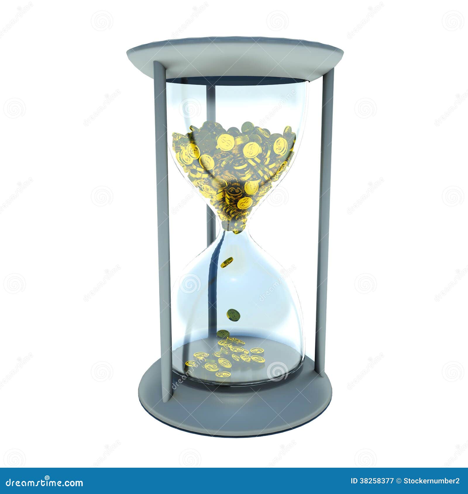 Hourglass with golden coins, isolated white