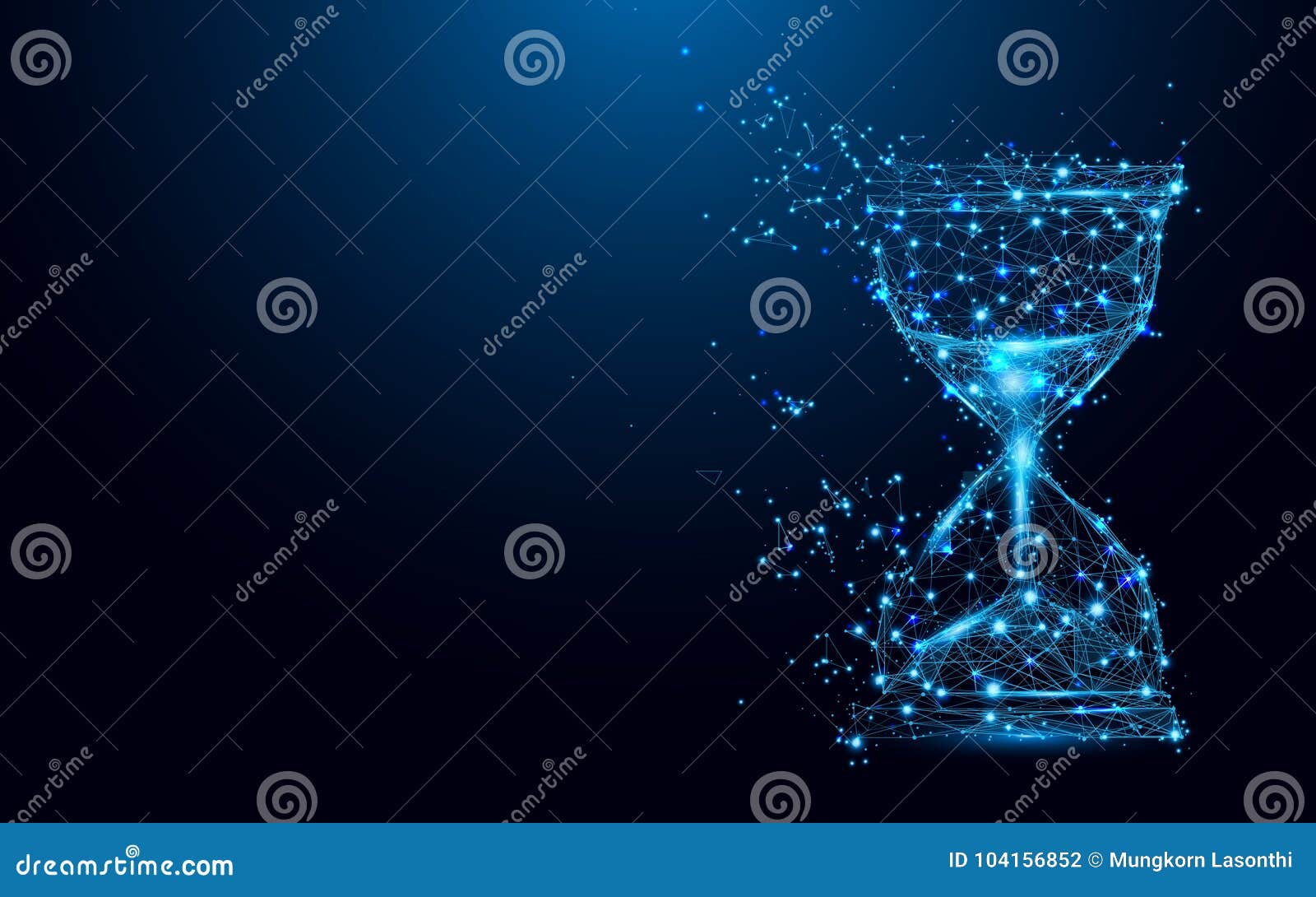 hourglass icon from lines and triangles, point connecting network on blue background