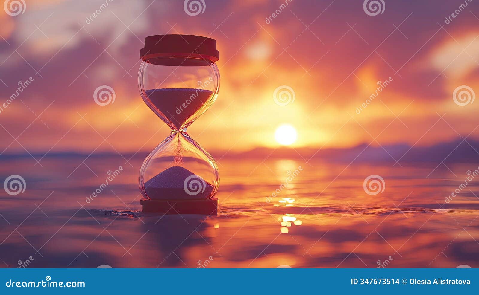 an hourglass with sand flowing from the top to the bottom, against the backdrop of an evening sunset over water. this scene