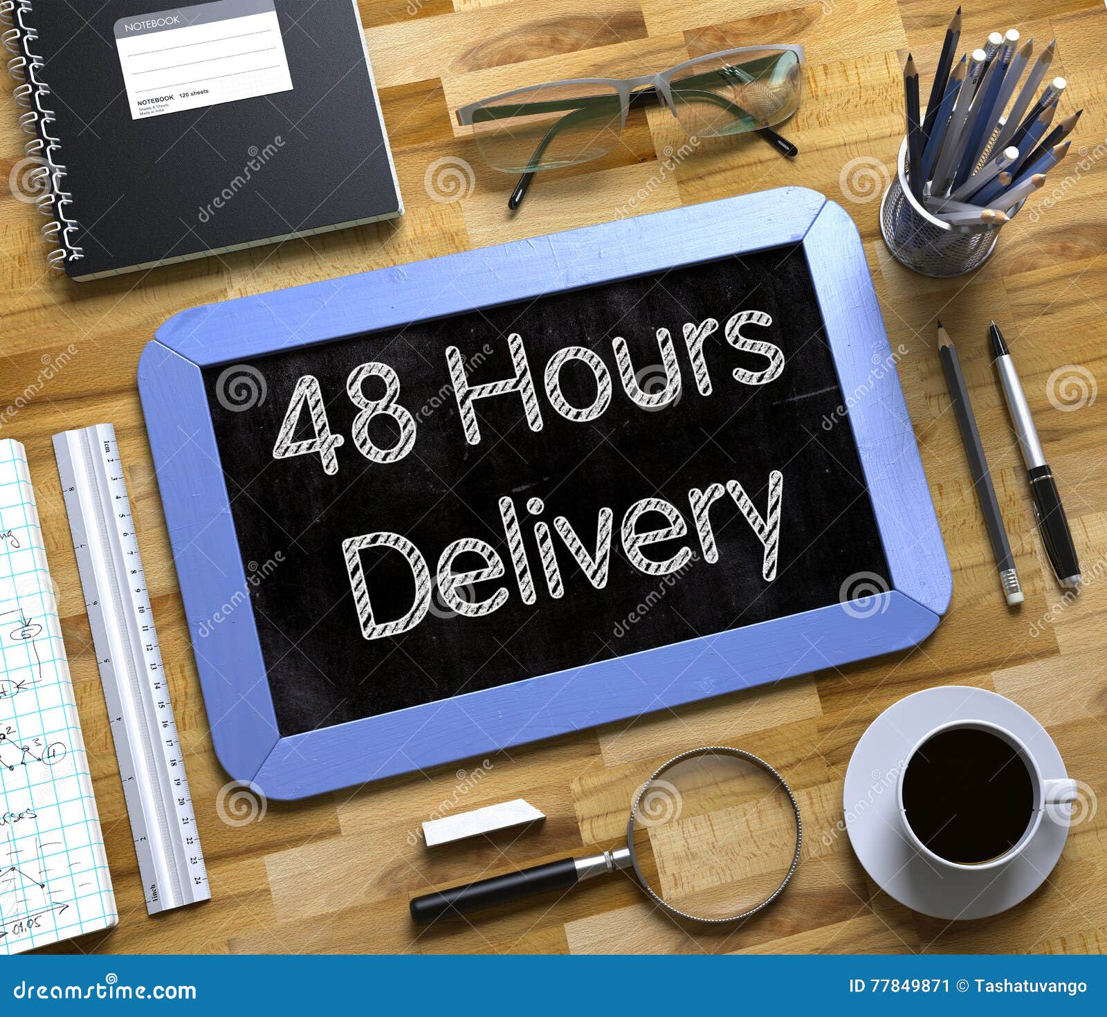 48 Hours Delivery on Small Chalkboard. 3D. Stock Image Image of