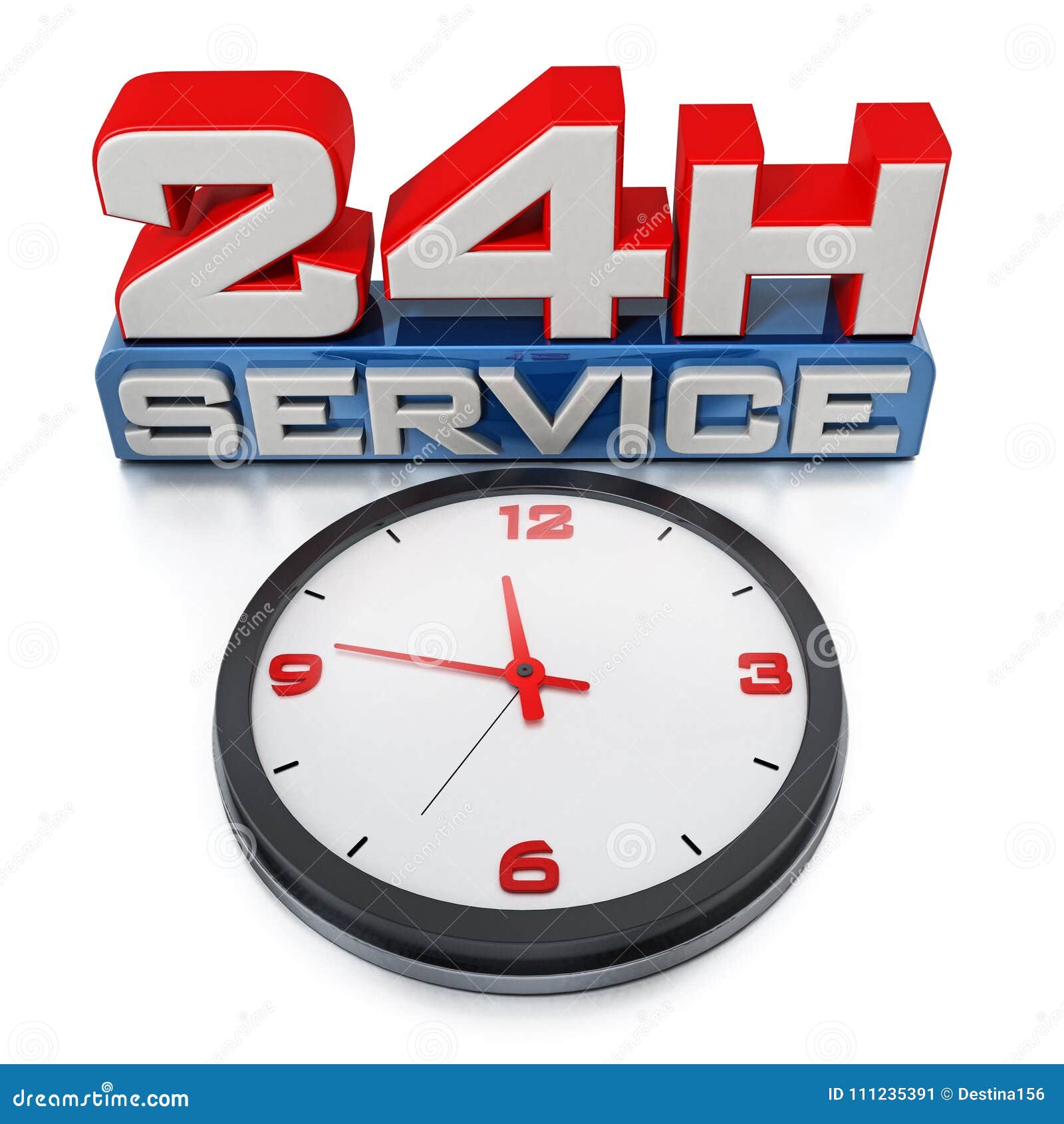 24 Hours Open Text And Clock Isolated On White Background. 3D