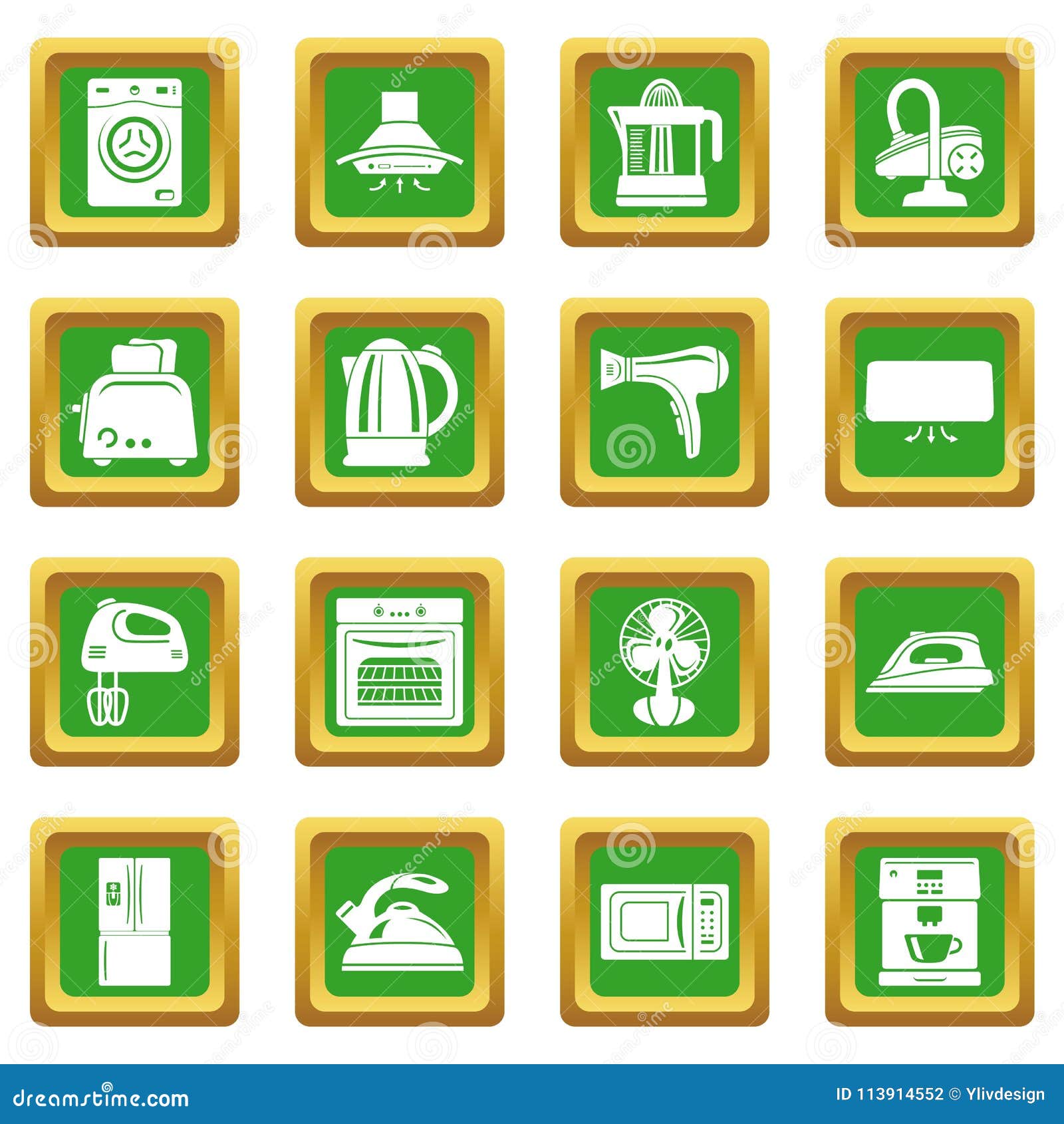 house appliance icons set green square 