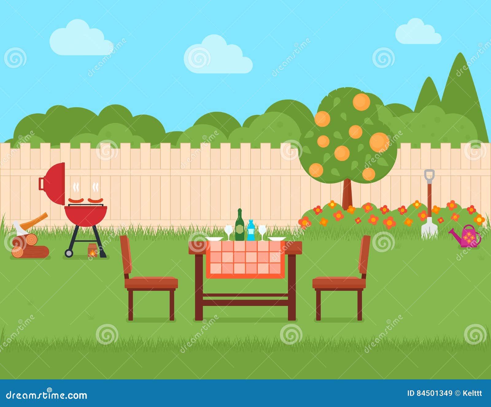 House Backyard with Grill and Garden Stock Vector Illustration of