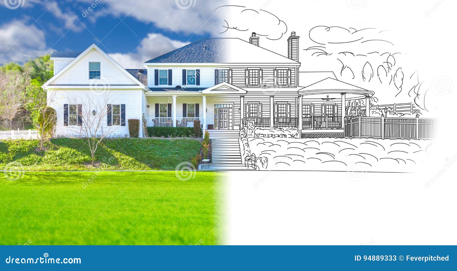 house blueprint drawing gradating into completed photograph.