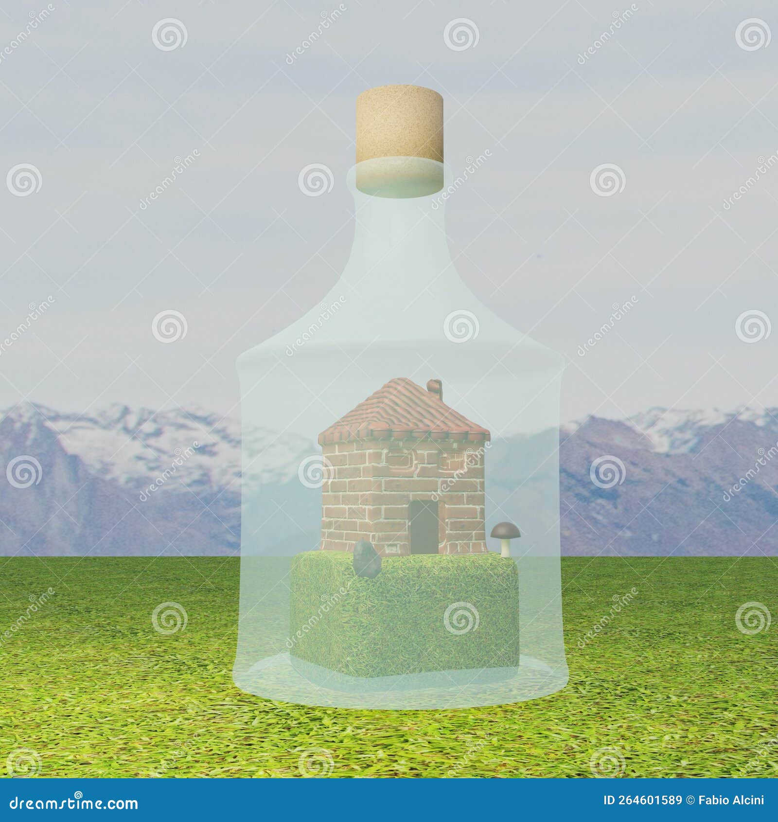 House in a Bottle, Landscape of Mountains Stock Illustration