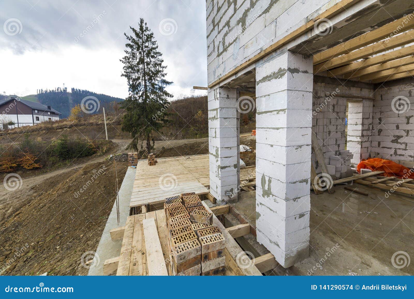 House Building Under Construction Basement Detail With Walls Made