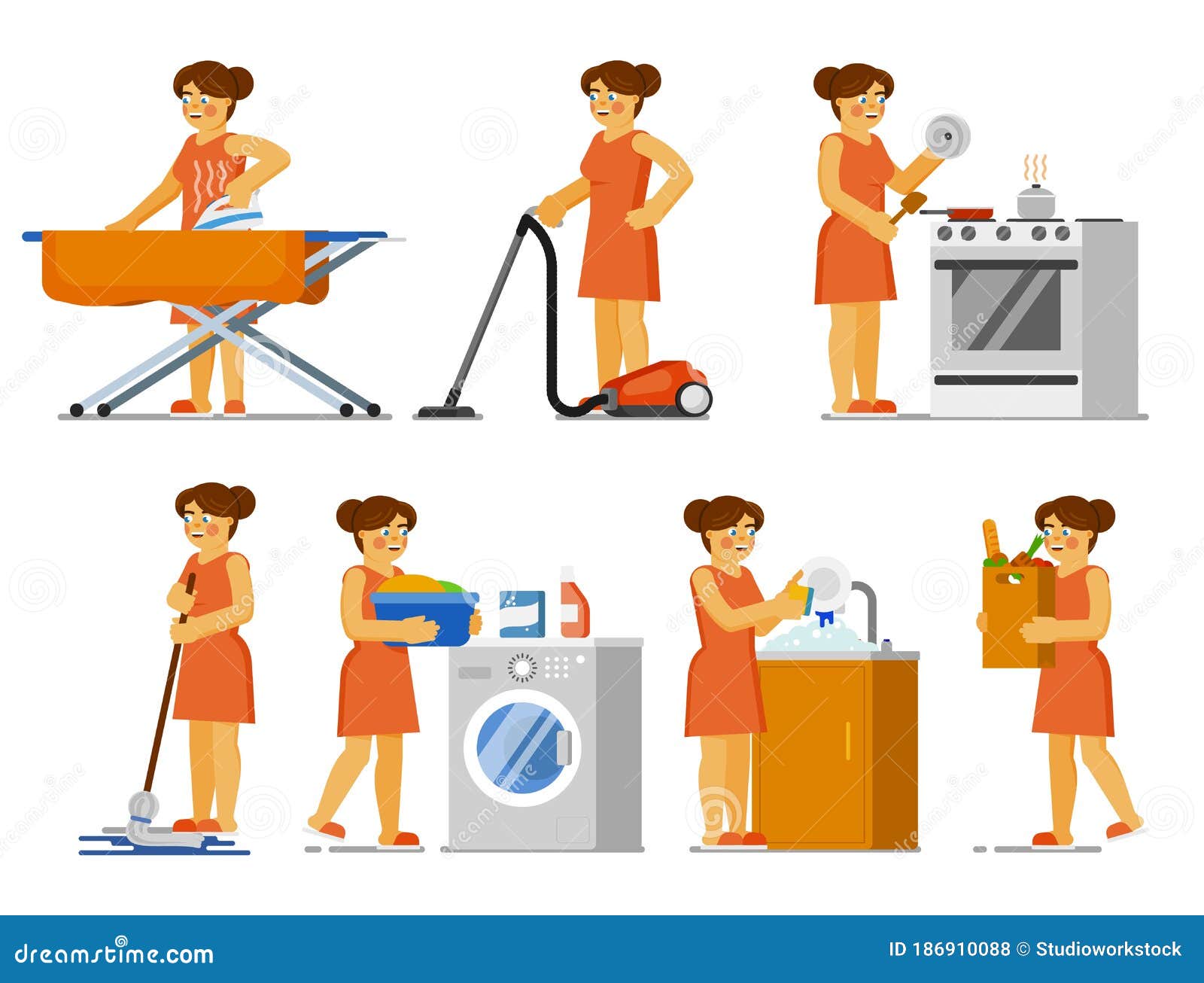 house chores set. housewife doing house work