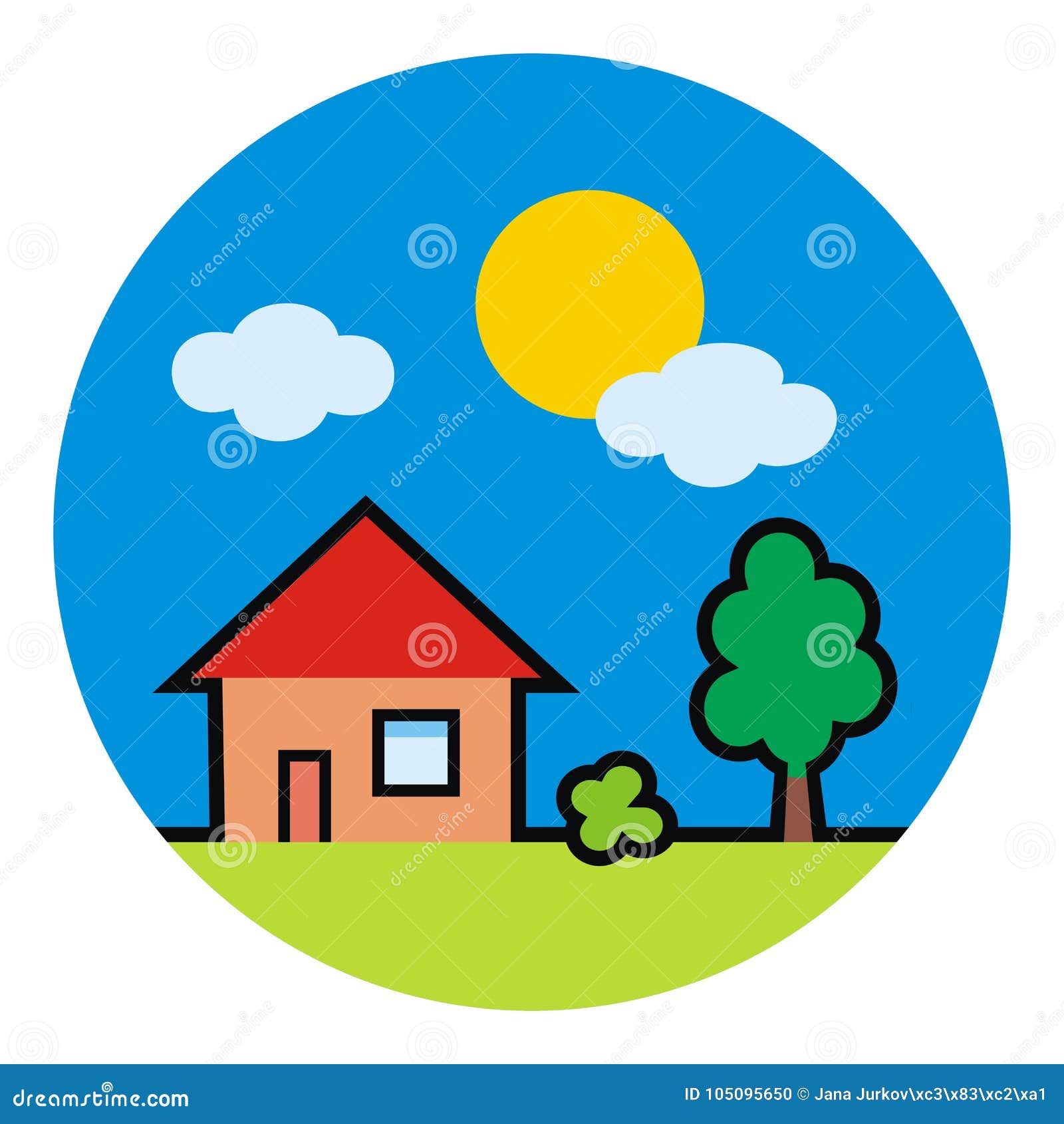 House at Circle Frame, Tree and Sun, Vector Icon Stock Vector ...