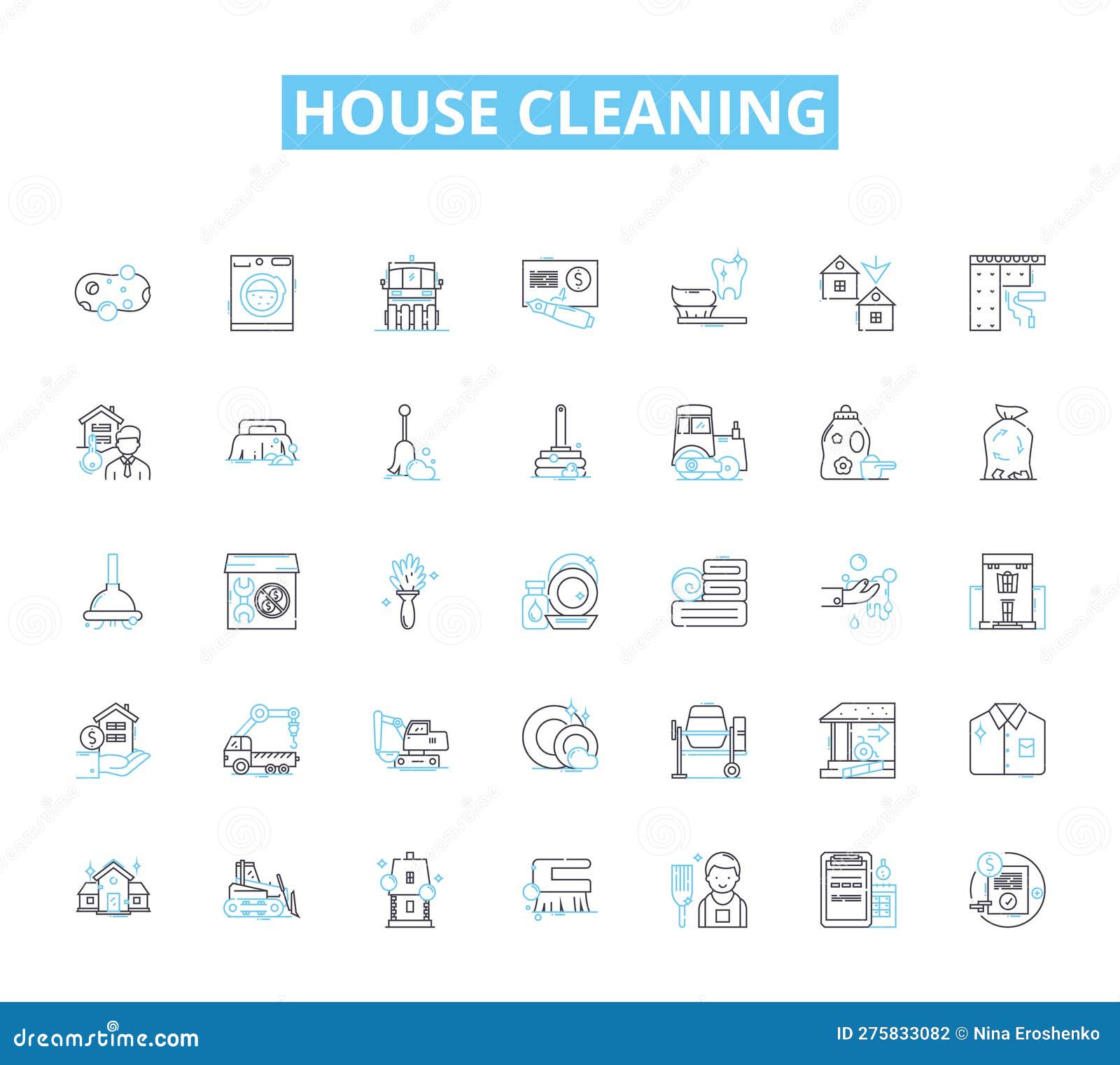 house cleaning linear icons set. sweep, mop, vacuum, dust, scrub, sanitize, tidy line  and concept signs. polish