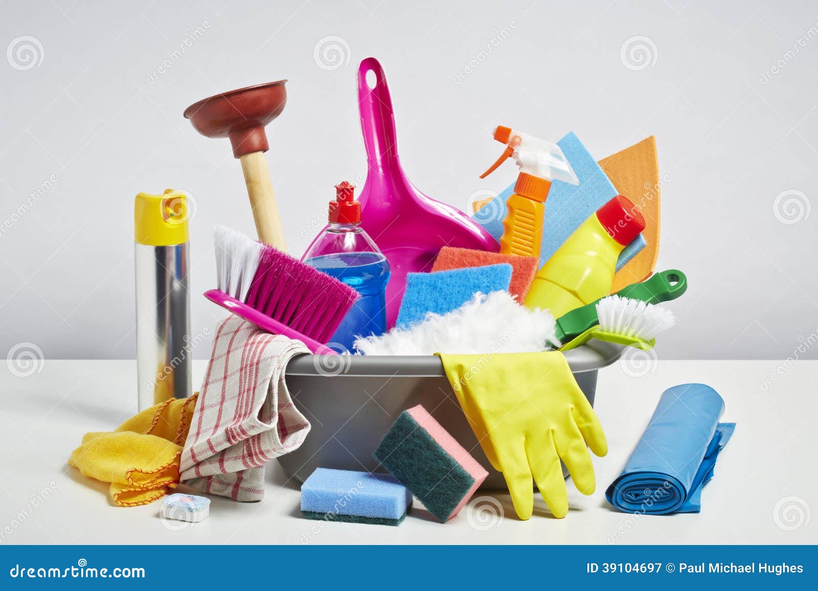 house cleaning products pile on white background