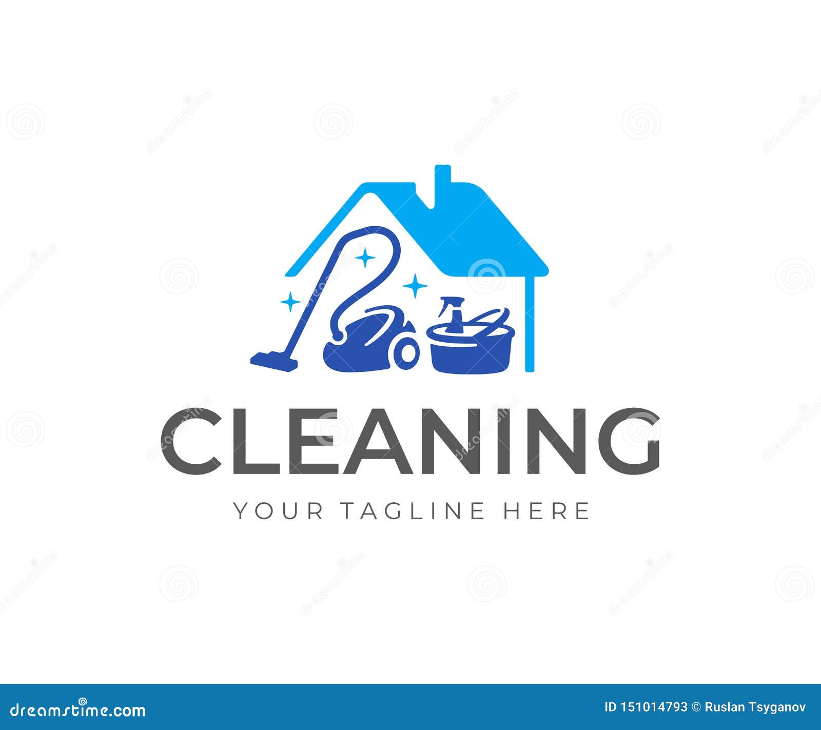 house cleaning service logo . house with vacuum cleaner, bucket and cleaning products  