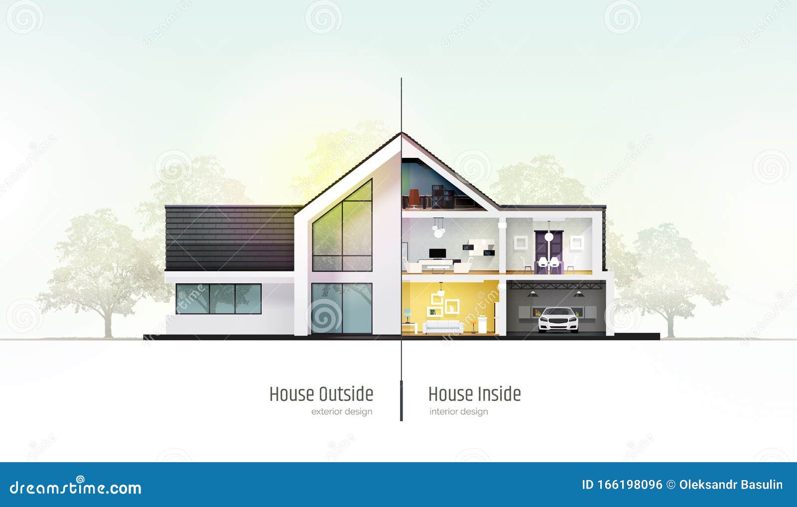 house in cross-section. modern house, villa, cottage, townhouse with shadows. architectural visualization of a three