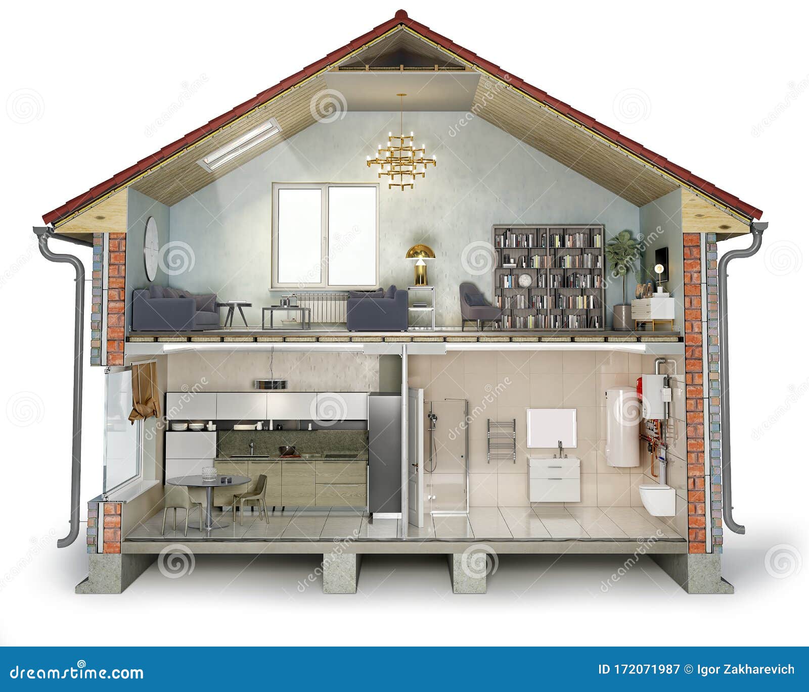 house cross section, view on bathroom, kitchen and living room