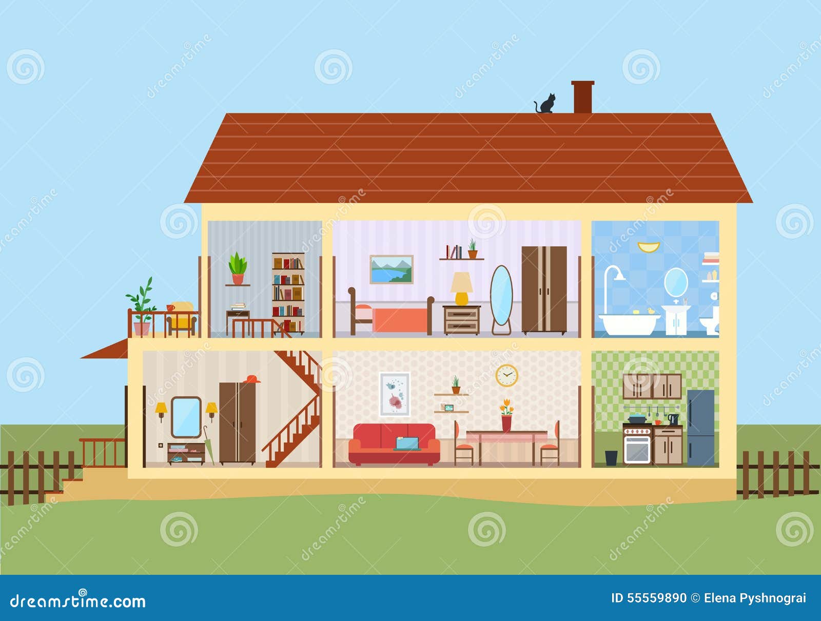 house cut detailed modern house interior rooms furniture flat style vector illustration 55559890