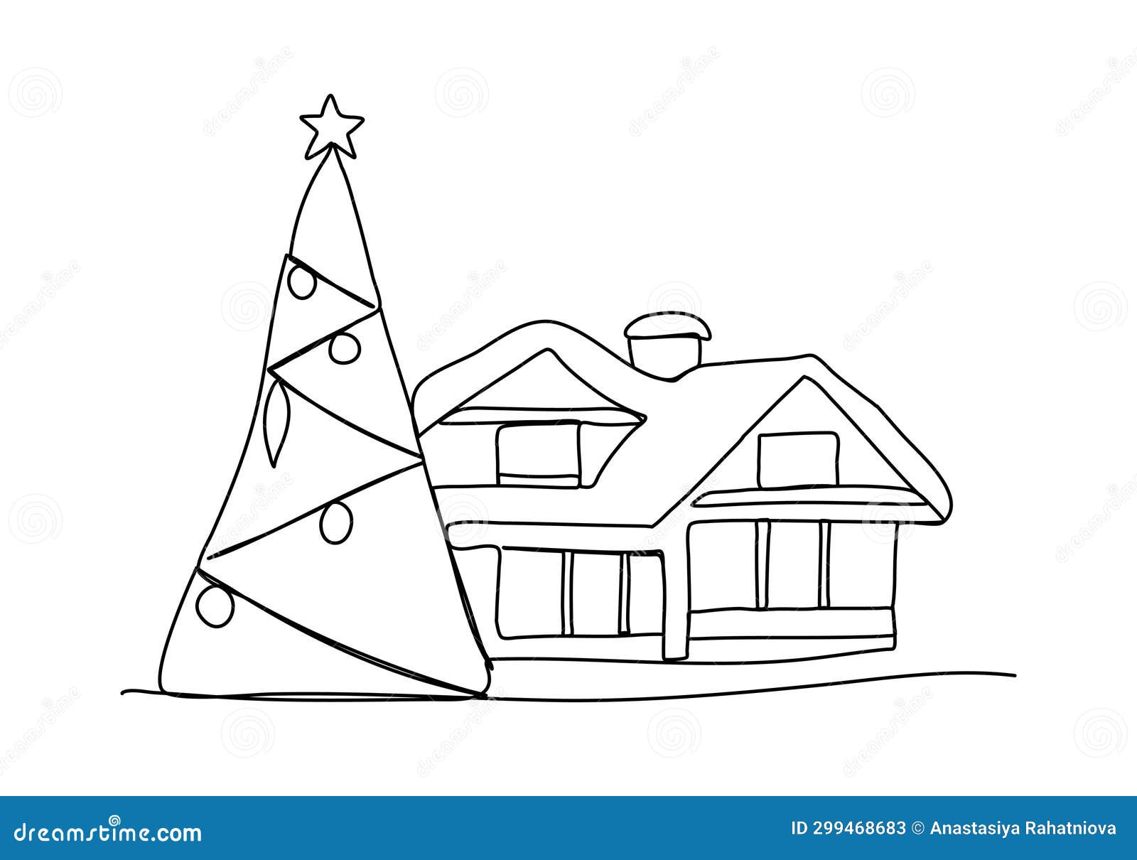 House and Decorated Christmas Tree One Line Drawing Vector Illustration