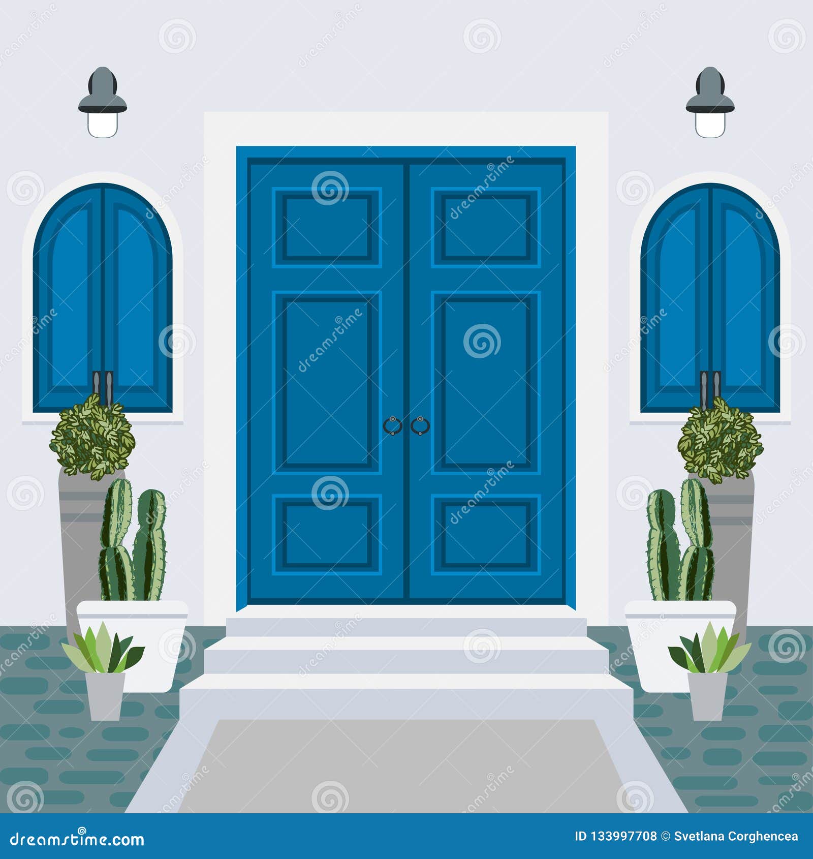 House door front with doorstep and steps, lamp, - vector clip art