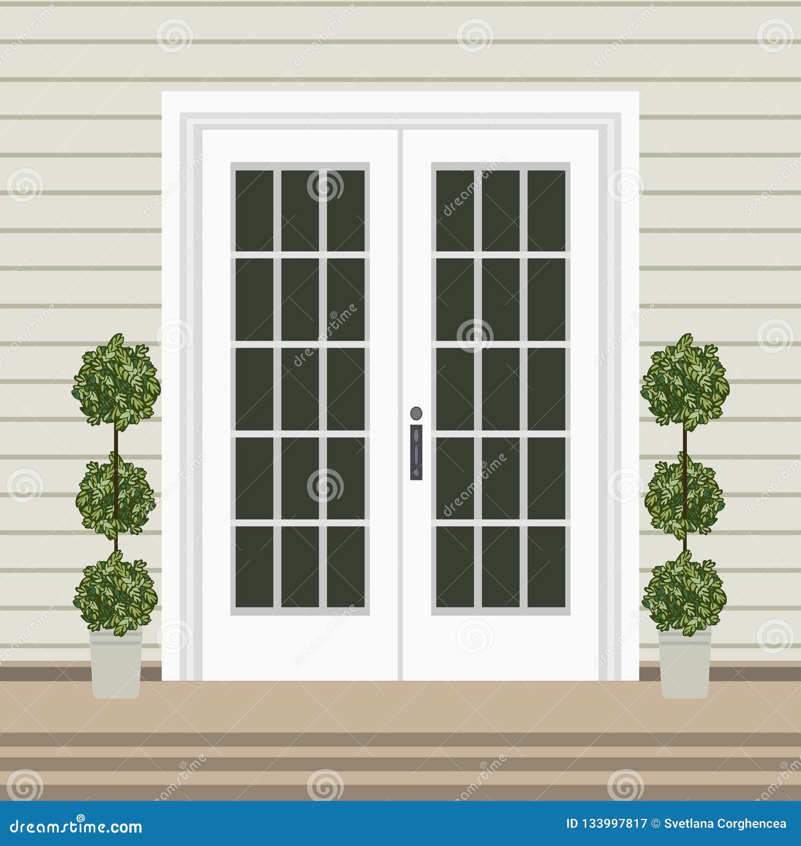 House door front with doorstep and steps, lamp, - vector clip art