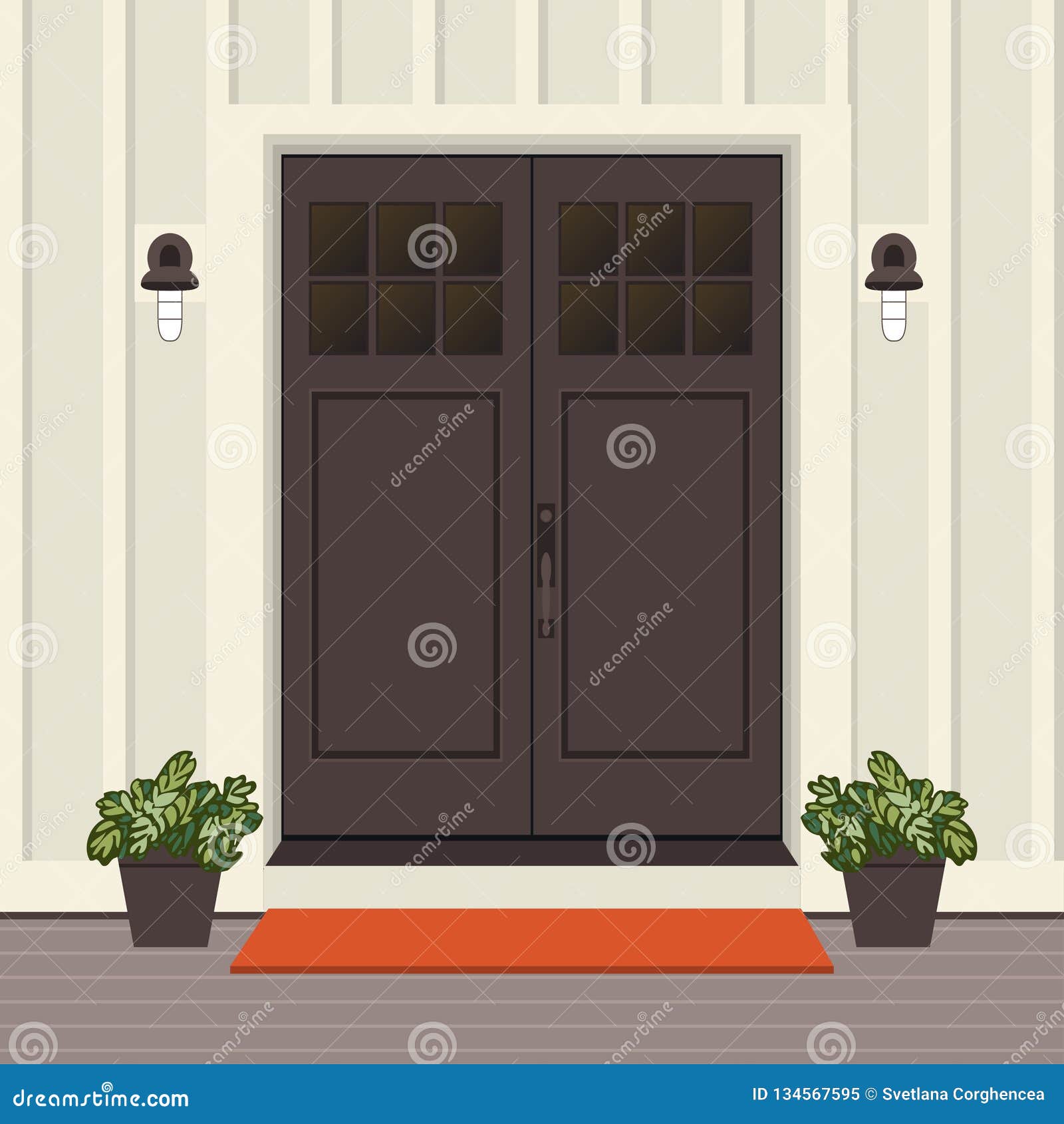 House door front with doorstep and steps porch, window, lamp, flowers in  pot, building entry facade, exterior entrance design illustration vector  flat style Stock Vector