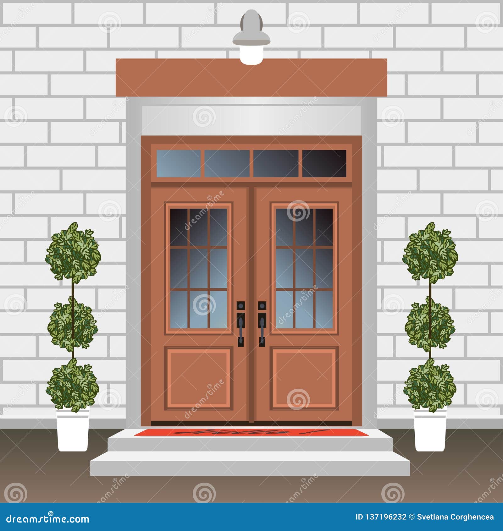 House door front with doorstep and steps, window, - vector clipart