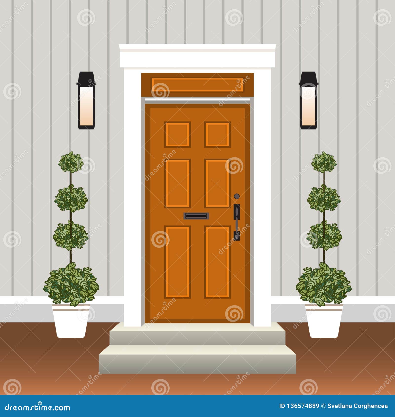 House door front with doorstep and lamps, flowers, entry facade building,  exterior entrance design illustration vector in flat style Stock Vector  Image & Art - Alamy