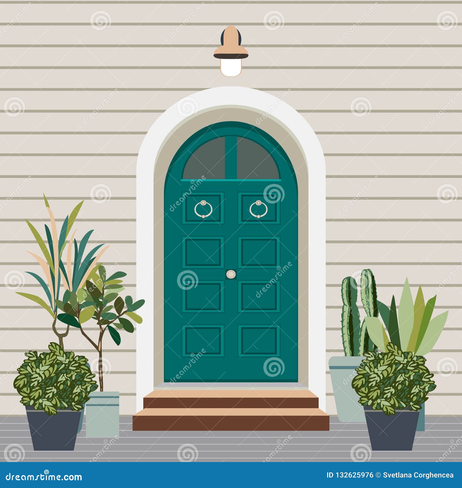 House door front with doorstep and steps, lamp, - vector clip art