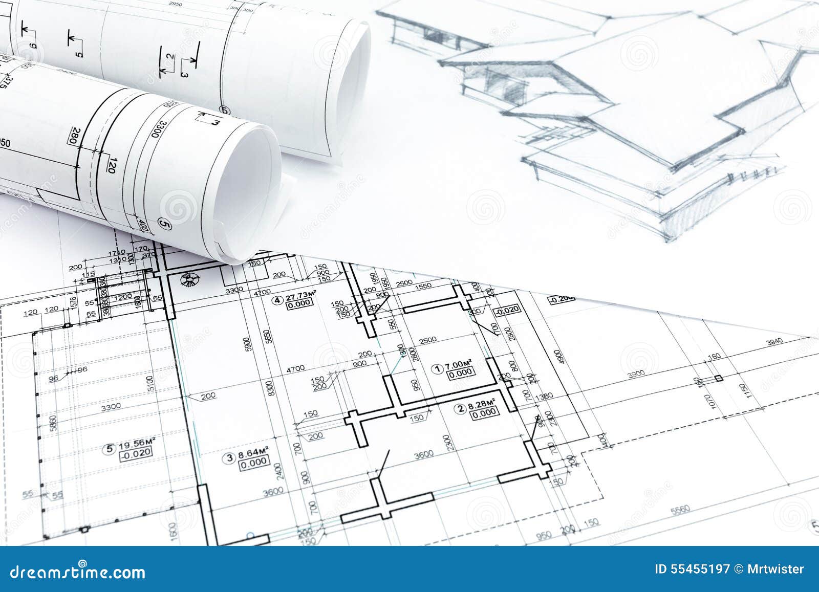  House  Drawing  With With House  Plan  Blueprints Stock Image 