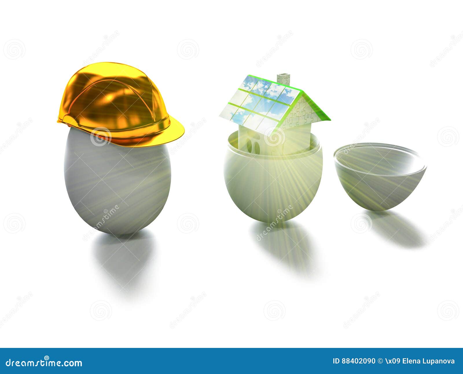 House in egg and egg in construction helmet, 3d render