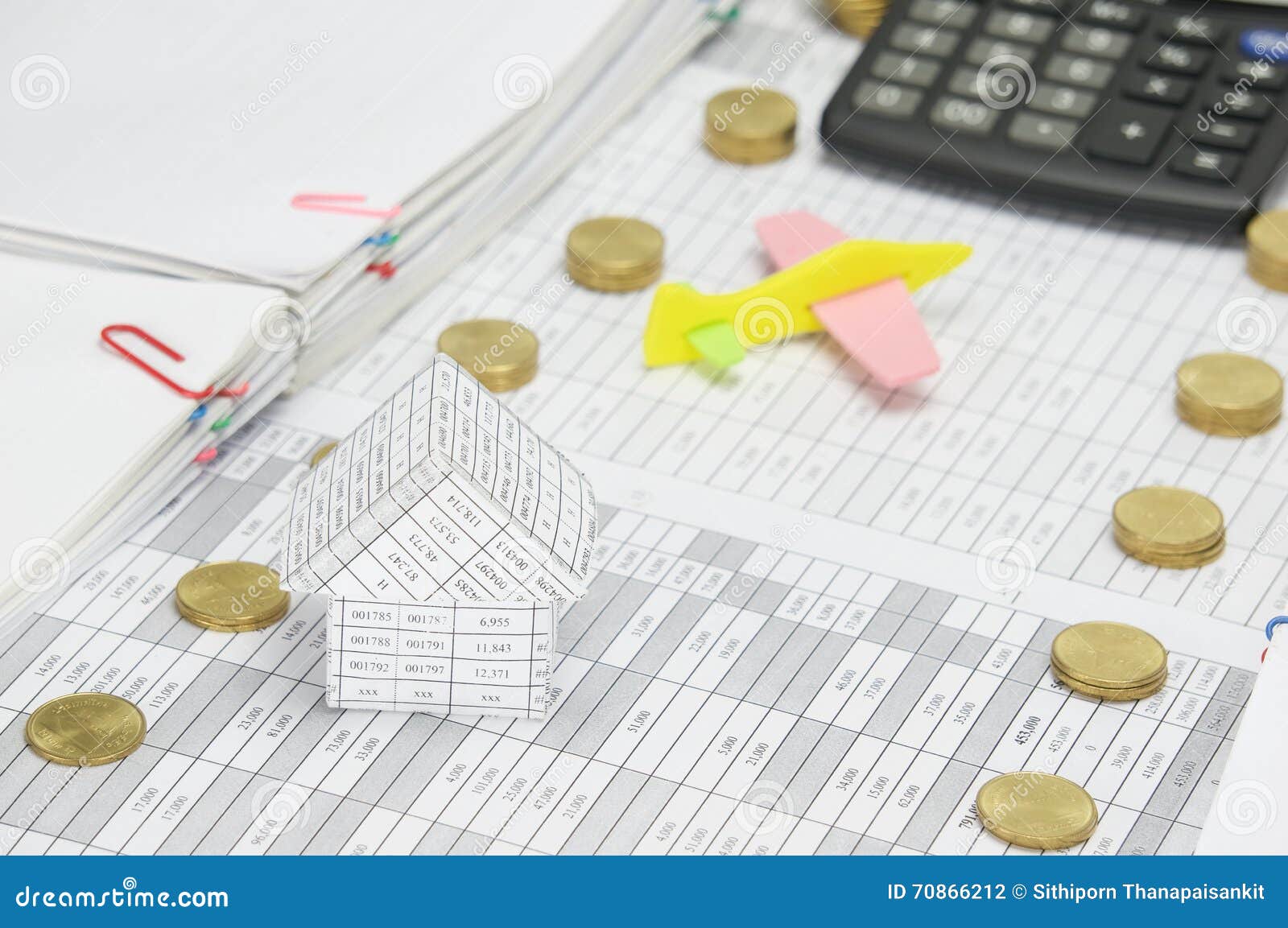 House On Finance Have Blur Airplane And Calculator As Background Stock Photo Image of balance