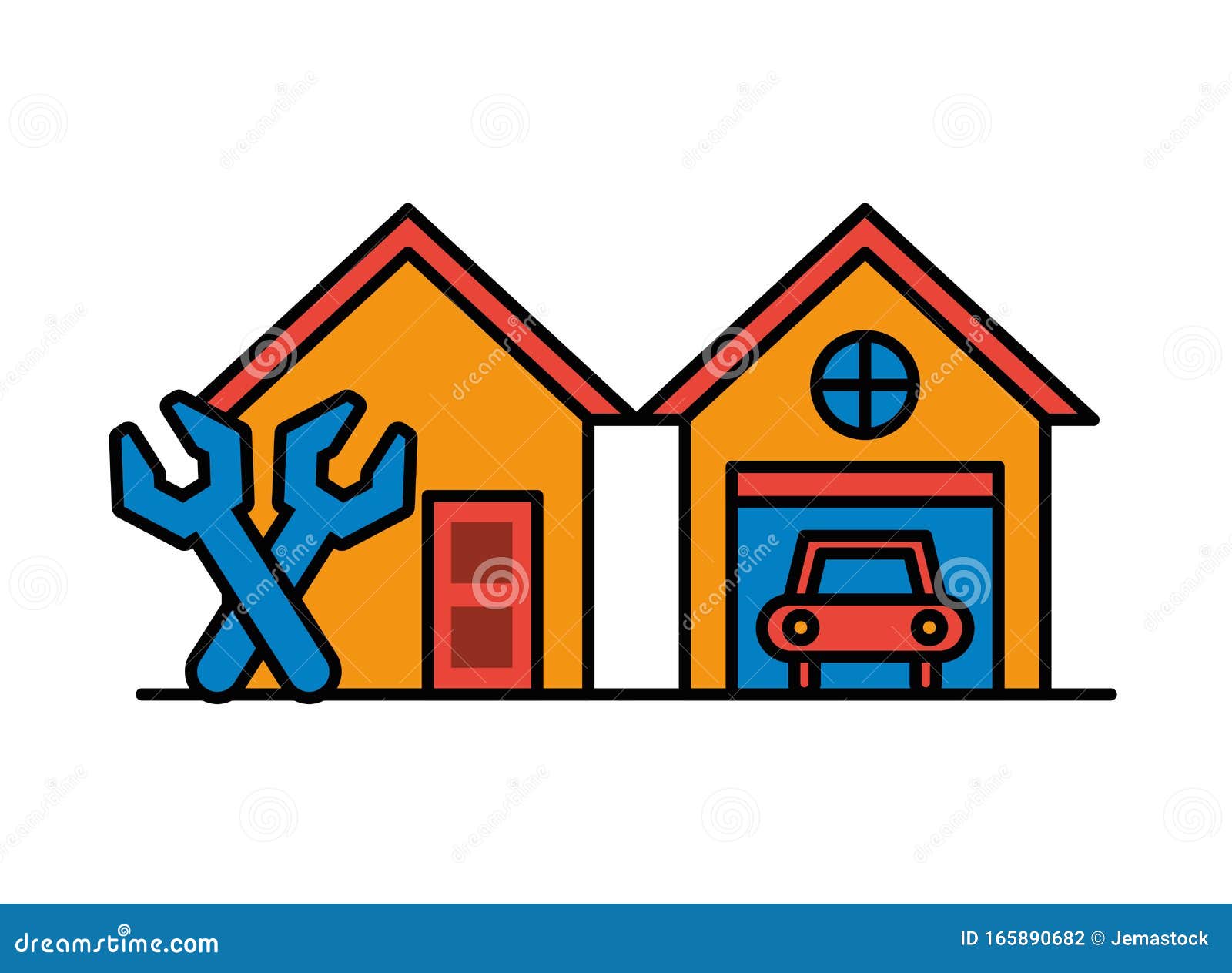 House and Garage Front Facades with Tools Stock Vector Illustration