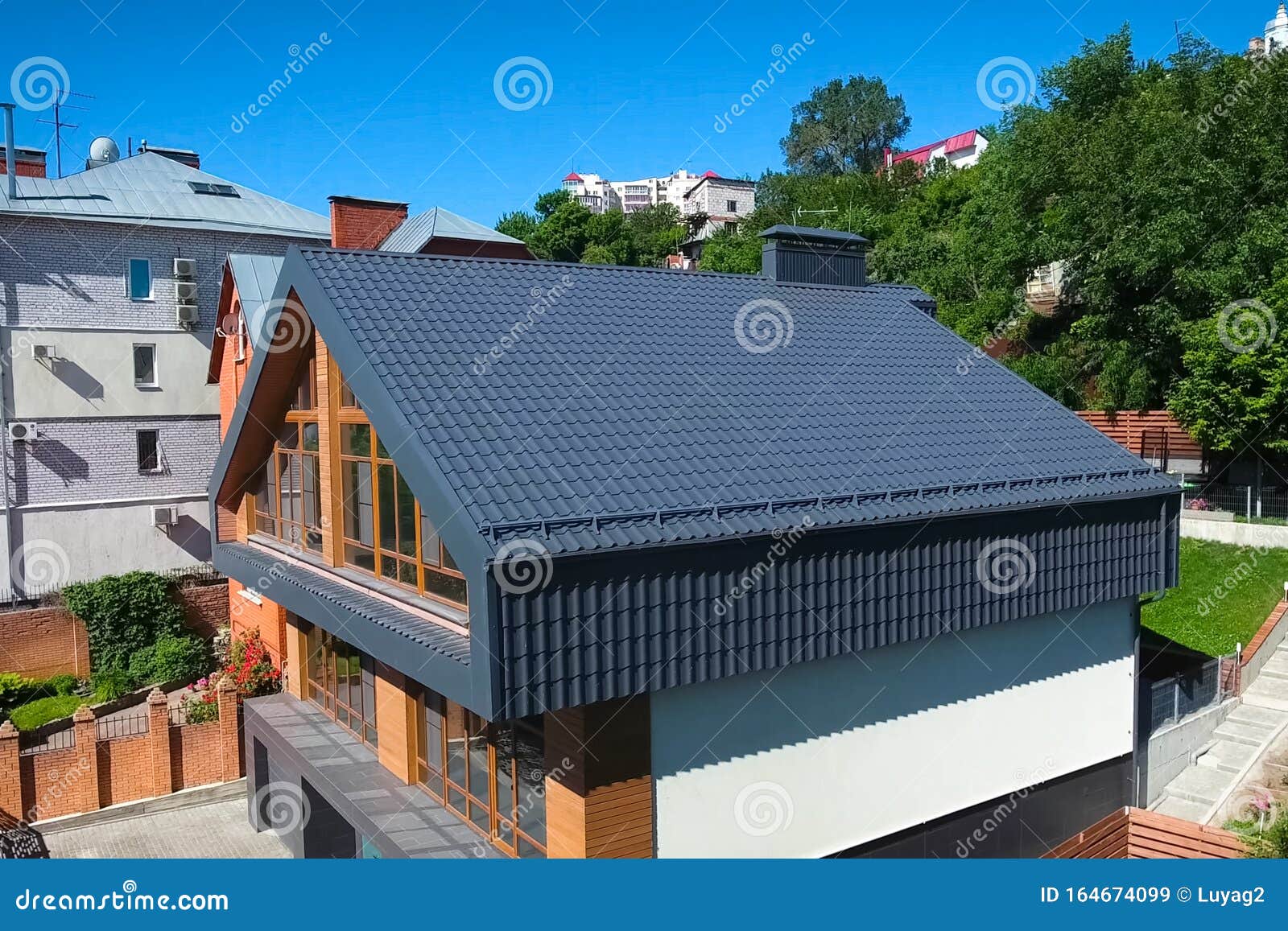House With A Gray Metal Roof. Corrugated Metal Roof And Metal Ro Stock Image Image of