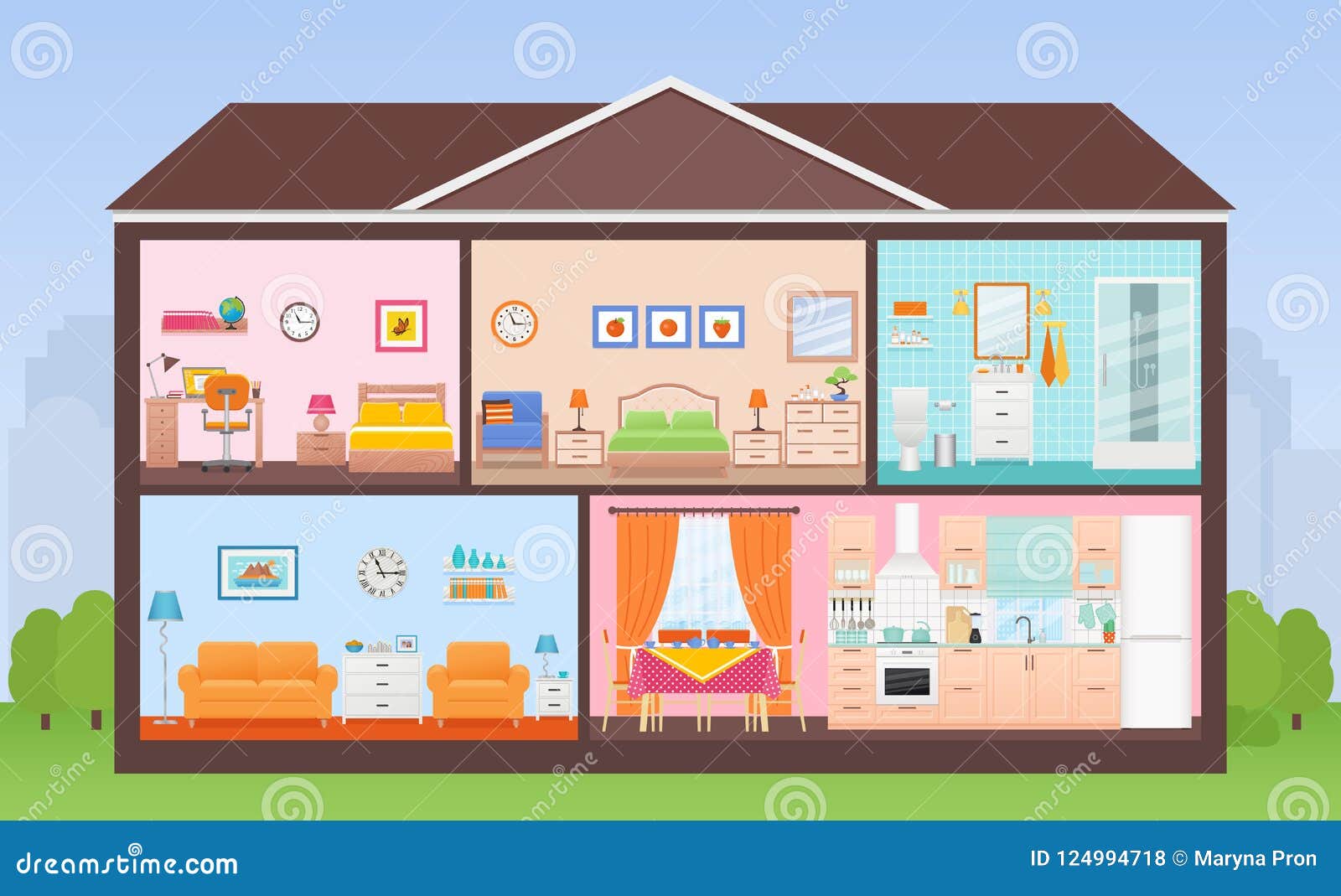 house interior cutaway with rooms.   in flat d