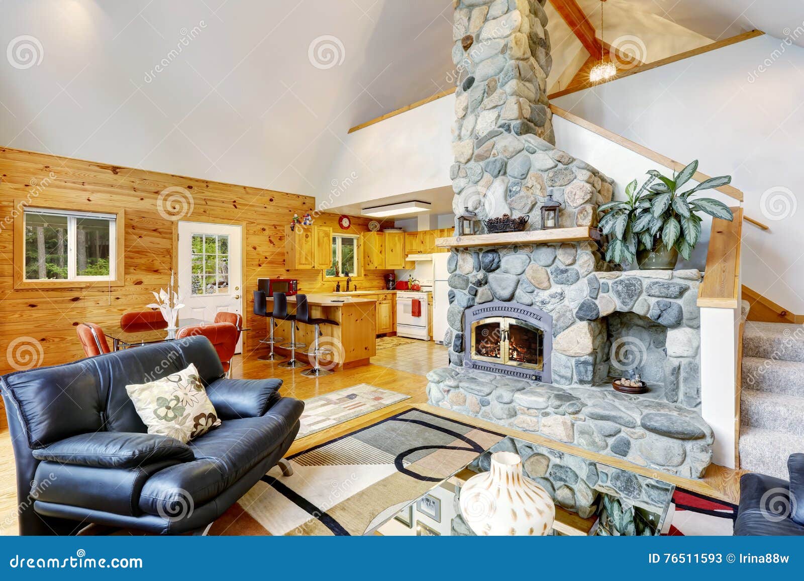 House Interior With Vaulted Ceiling And Open Floor Plan Stock