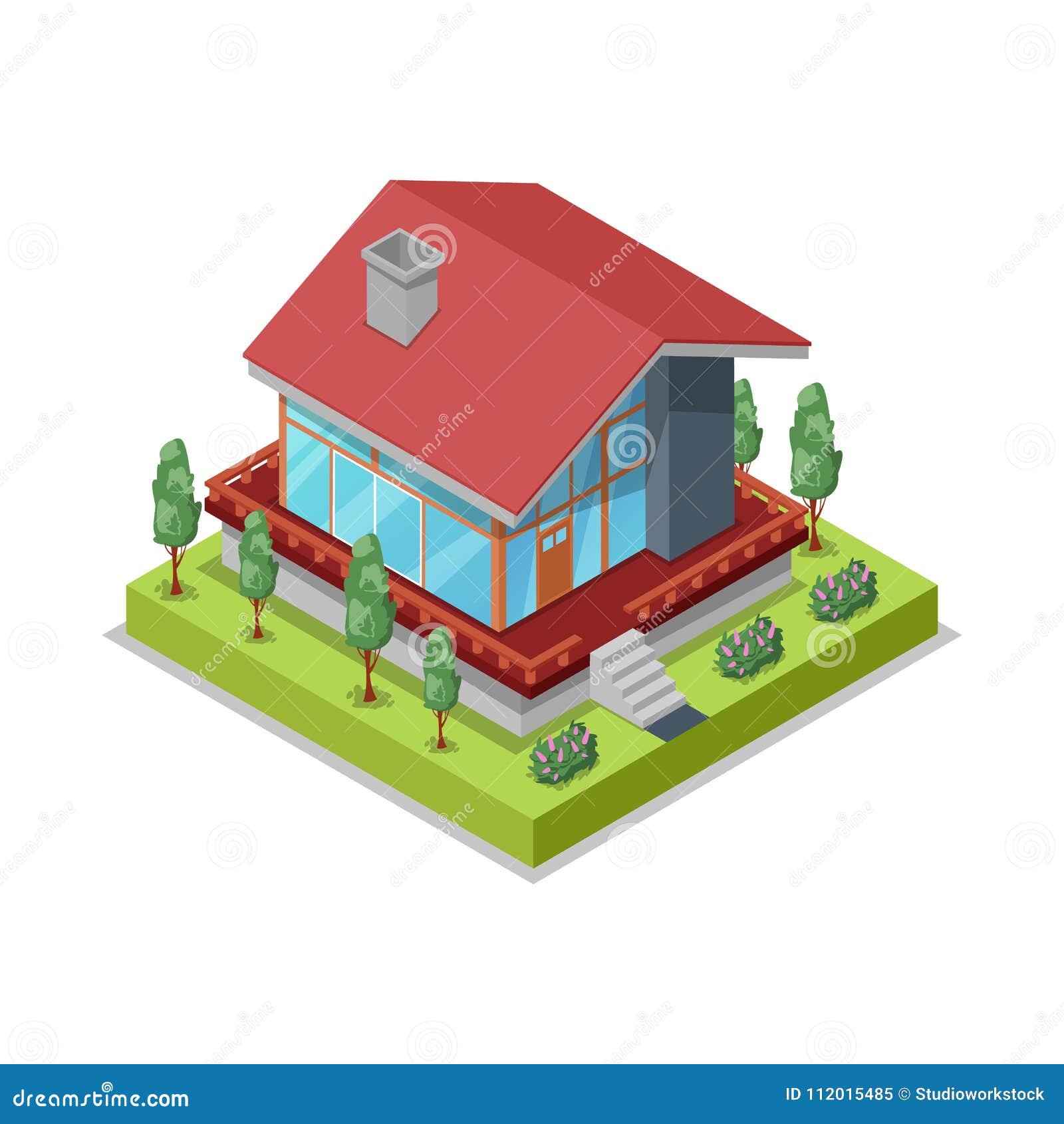 House Landscape Design Isometric 3D Icon Stock Vector Illustration