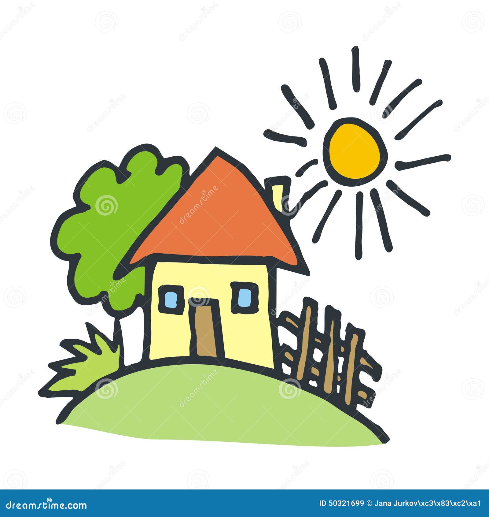 House with Garden, Tree, Sun, Grass, Fence, Drawing,eps. Stock Vector