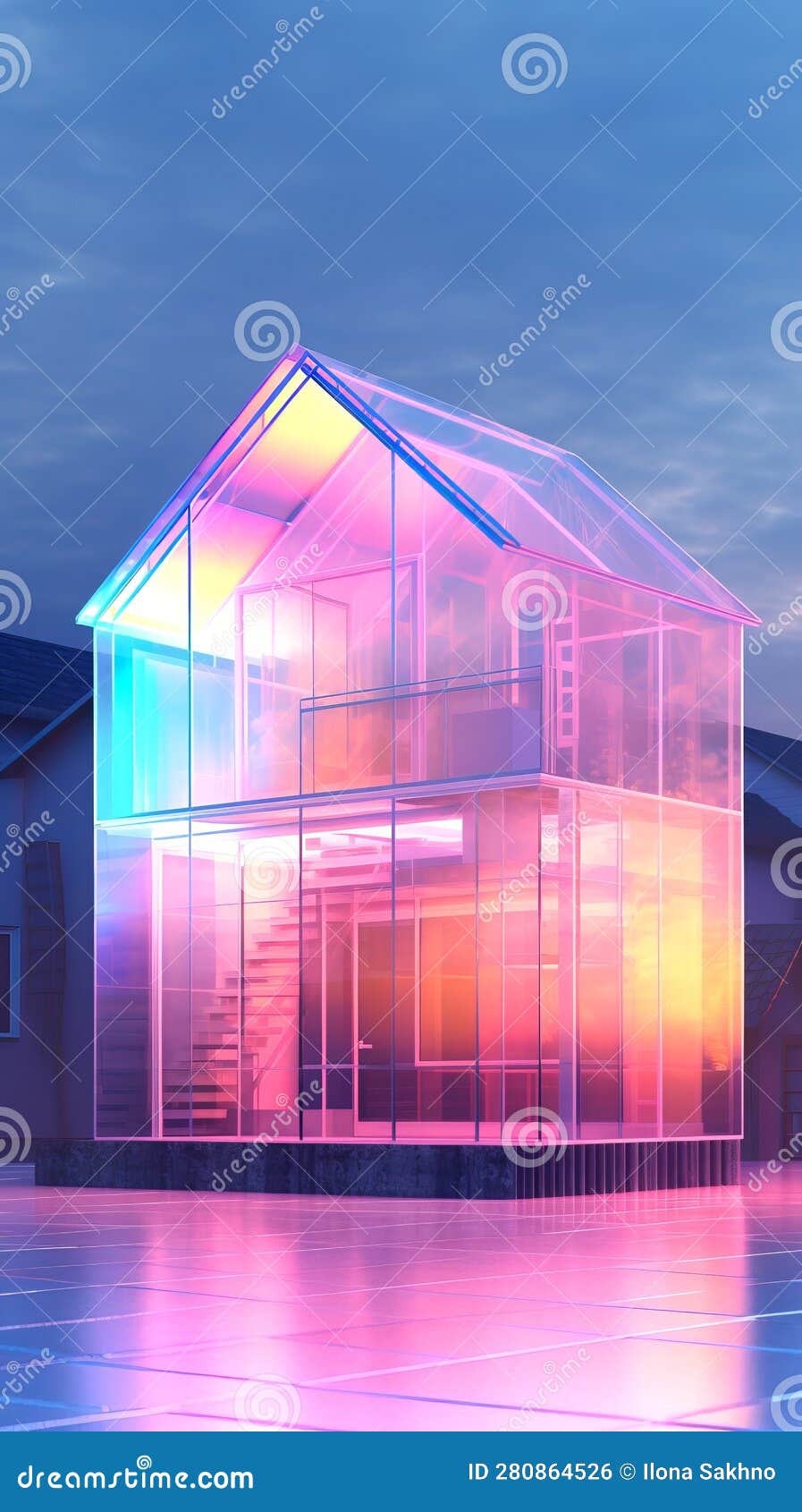 House Made of Glass in Neon Light Stock Illustration Illustration of