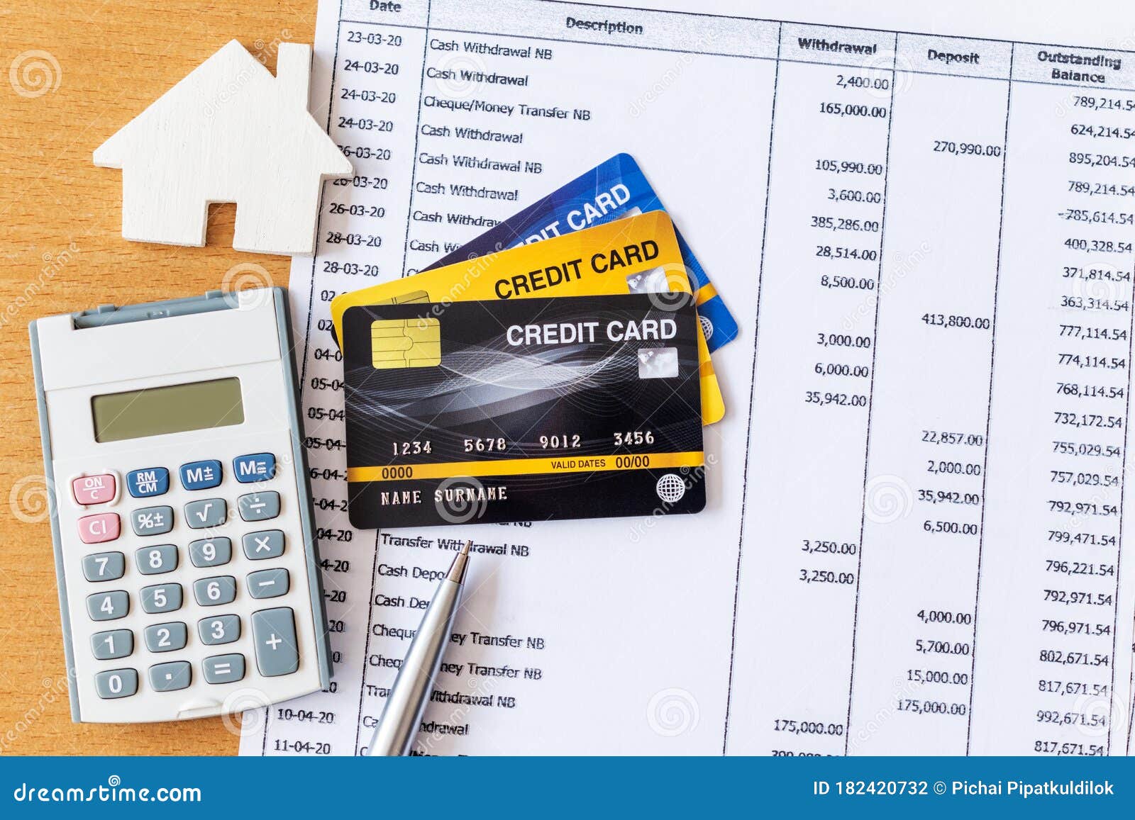 House Model And Calculator On Bank Statement And Credit Card On A Wooden Table Home Purchase Mortgage Concept Stock Photo Image Of Debit Check 182420732