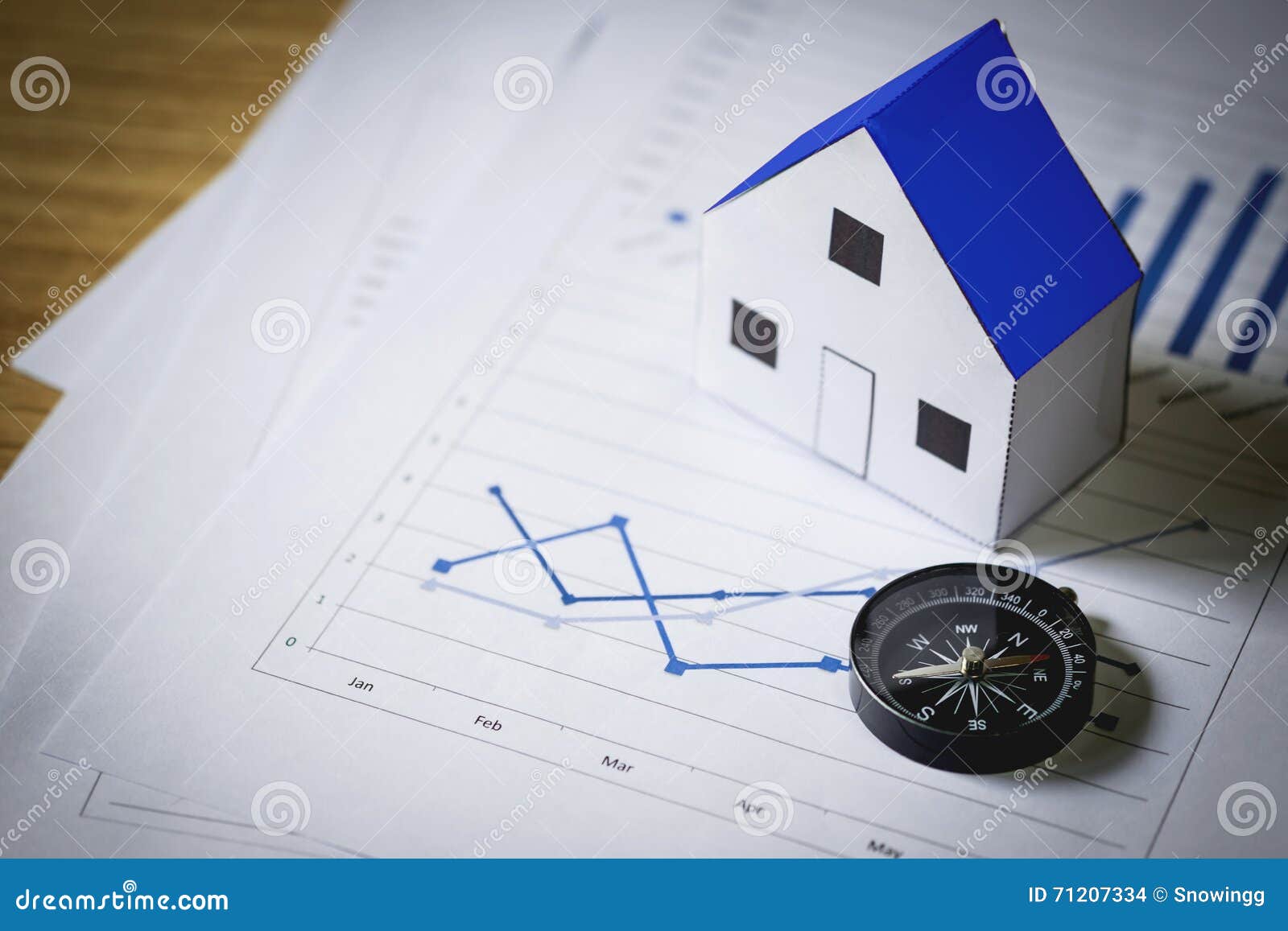 House Model and Compass on Plan Background, Real Estate Concept Stock