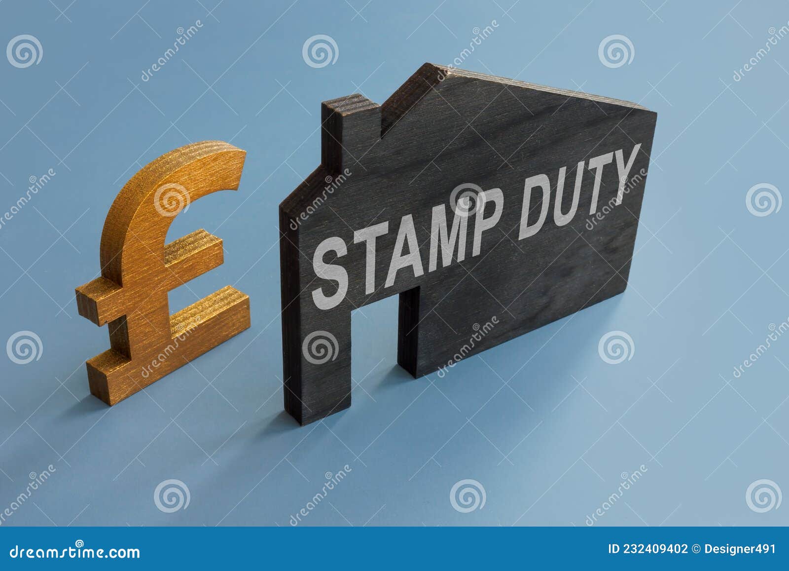 house model with inscription stamp duty and sign of pound.